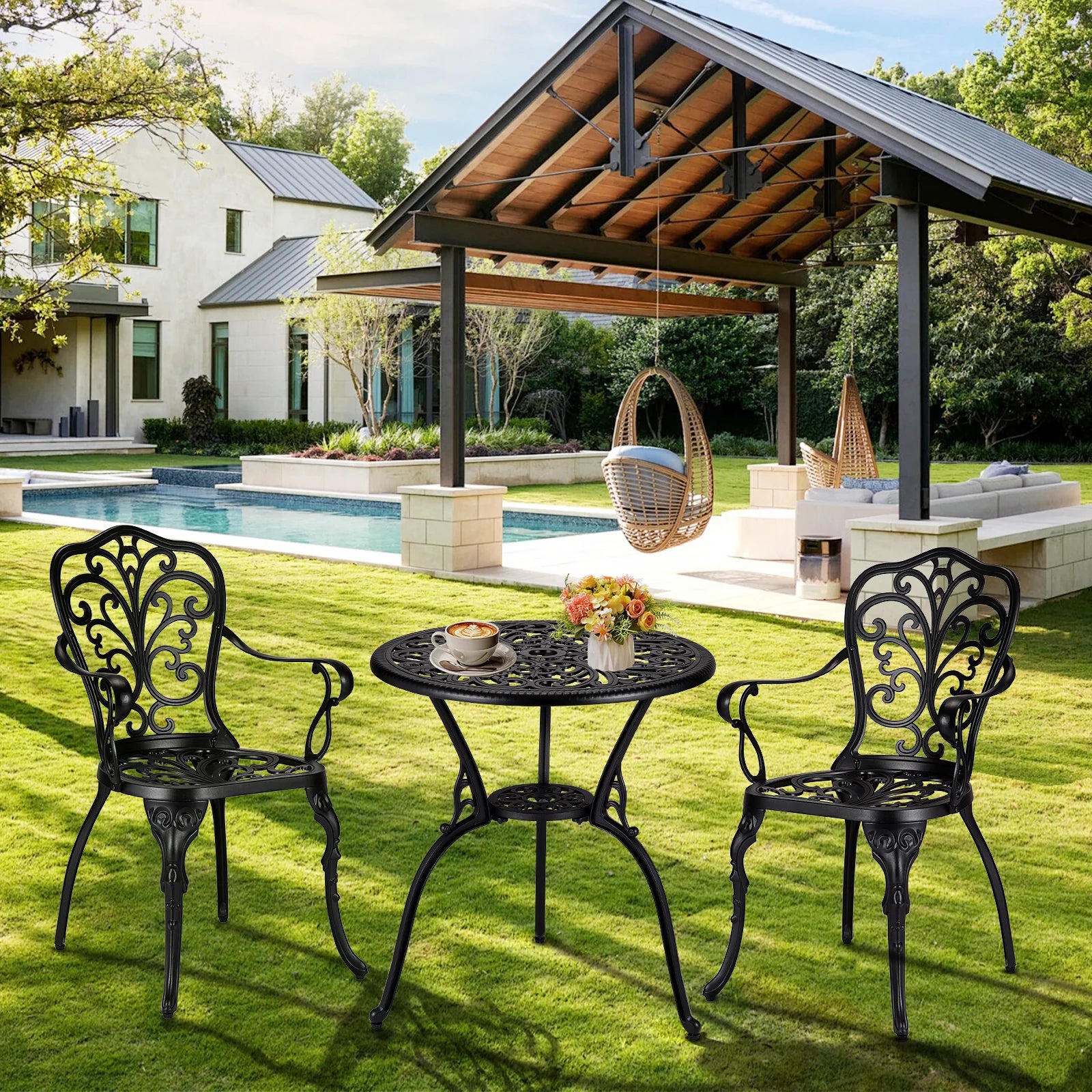 Garvee Bistro Set 3 Teilig, Gussaluminium, Mit Schirmloch, Retro Messing, Für Garten & Balkon
