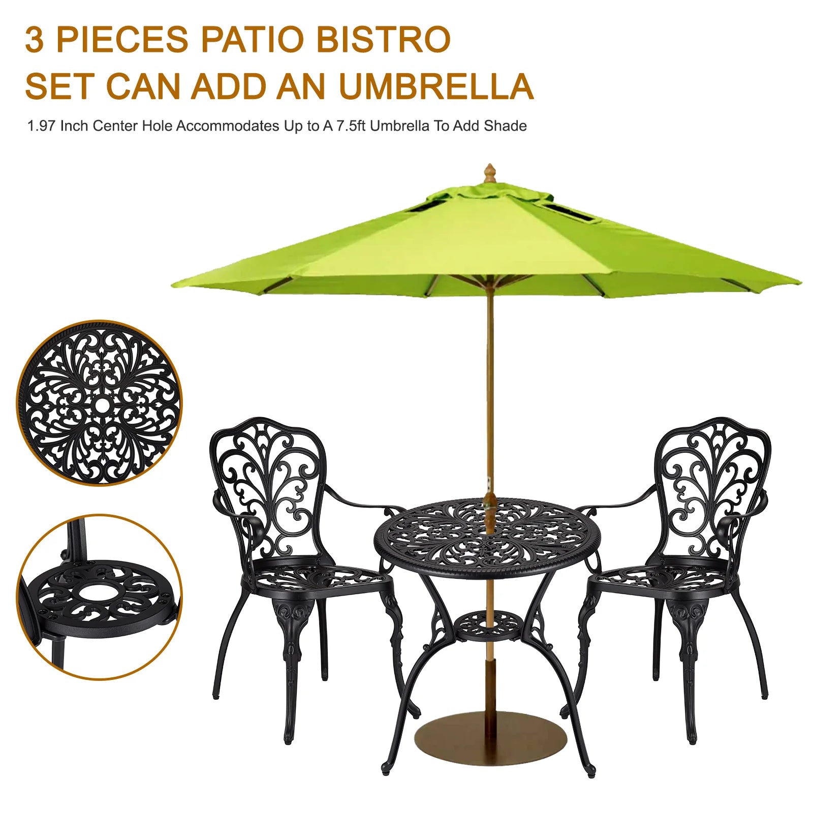 Garvee Bistro Set 3 Teilig, Gussaluminium, Mit Schirmloch, Retro Messing, Für Garten & Balkon