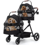 GARVEE Hundewagen Klappbar Mit 2 Hundeboxen Für Haustiere Bis 22 Kg, Netzfenster, Getränkehalter, Regenschutz, Faltbar, Schwarz