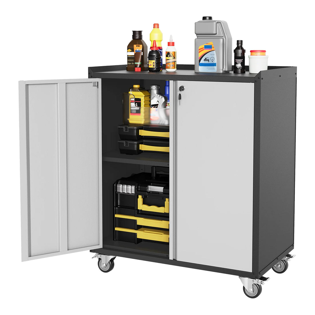 Garvee Lagerschrank Stahl Mit Rollen, Verstellbare Regale, Abschließbar, Rostbeständig, Für Werkstatt & Büro
