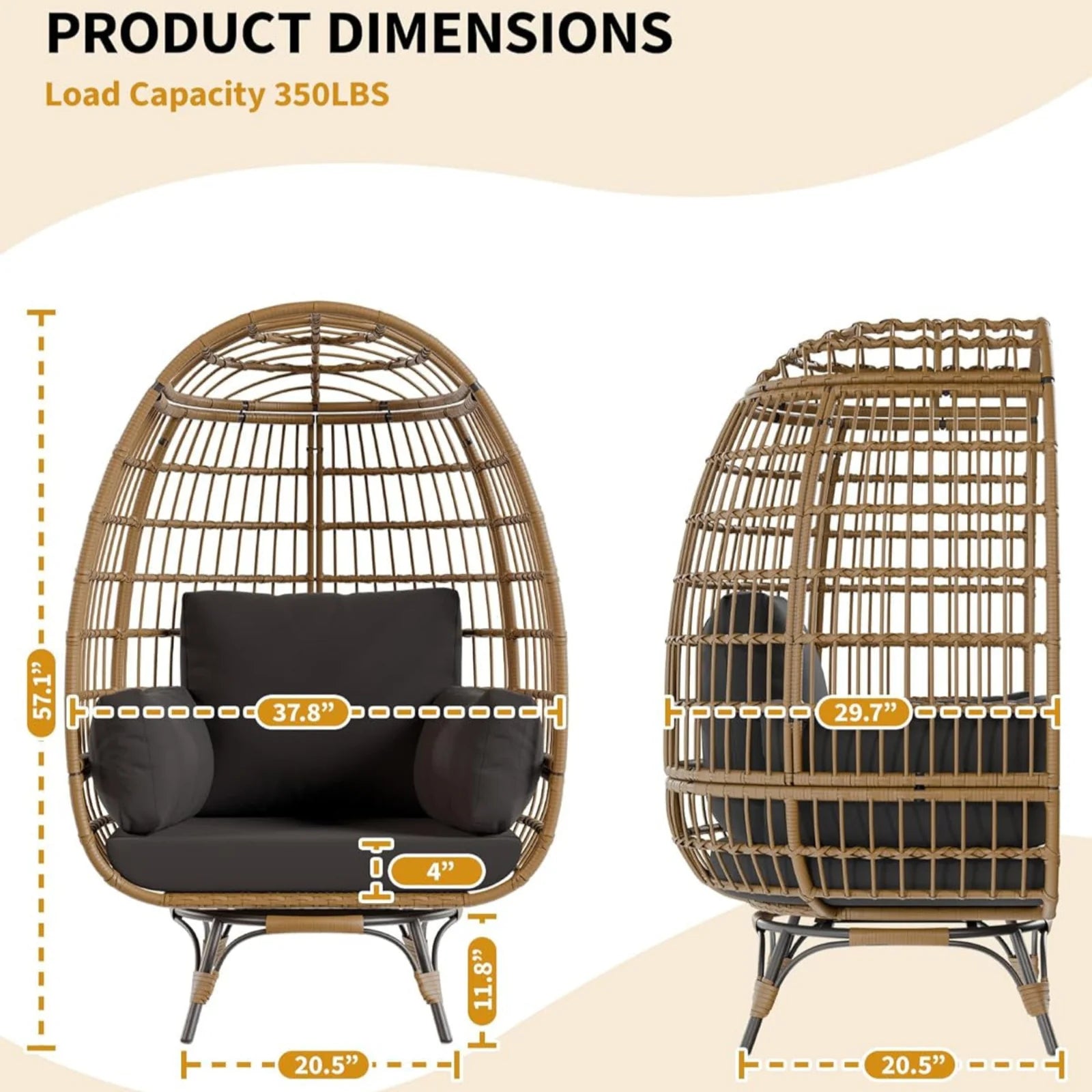 Garvee Rattan Ei Stuhl 360° Drehbar, Mit Kissen, Stahlrahmen, Für Innen & Außen, Braun+Schwarz