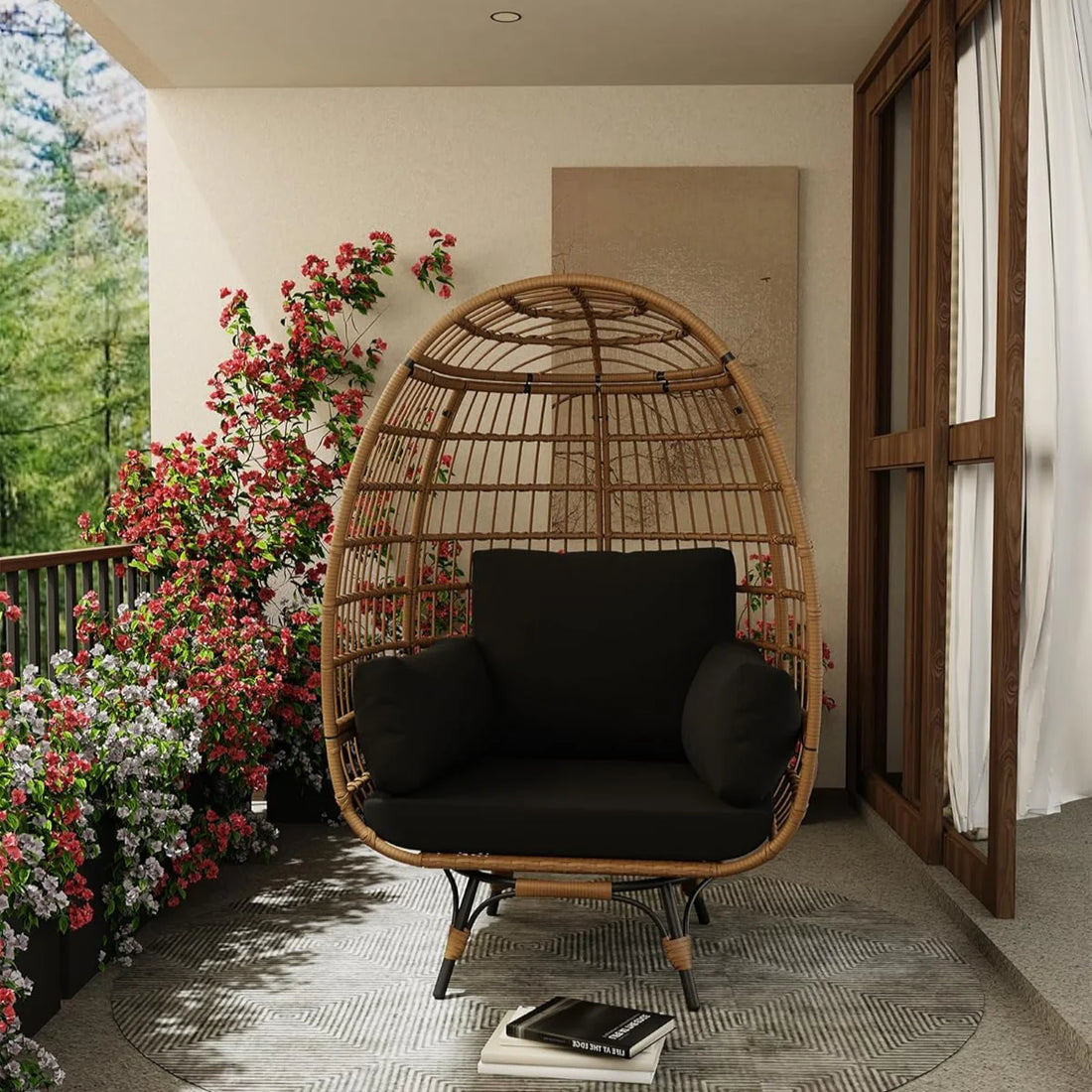 Garvee Rattan Ei Stuhl 360° Drehbar, Mit Kissen, Stahlrahmen, Für Innen & Außen, Braun+Schwarz