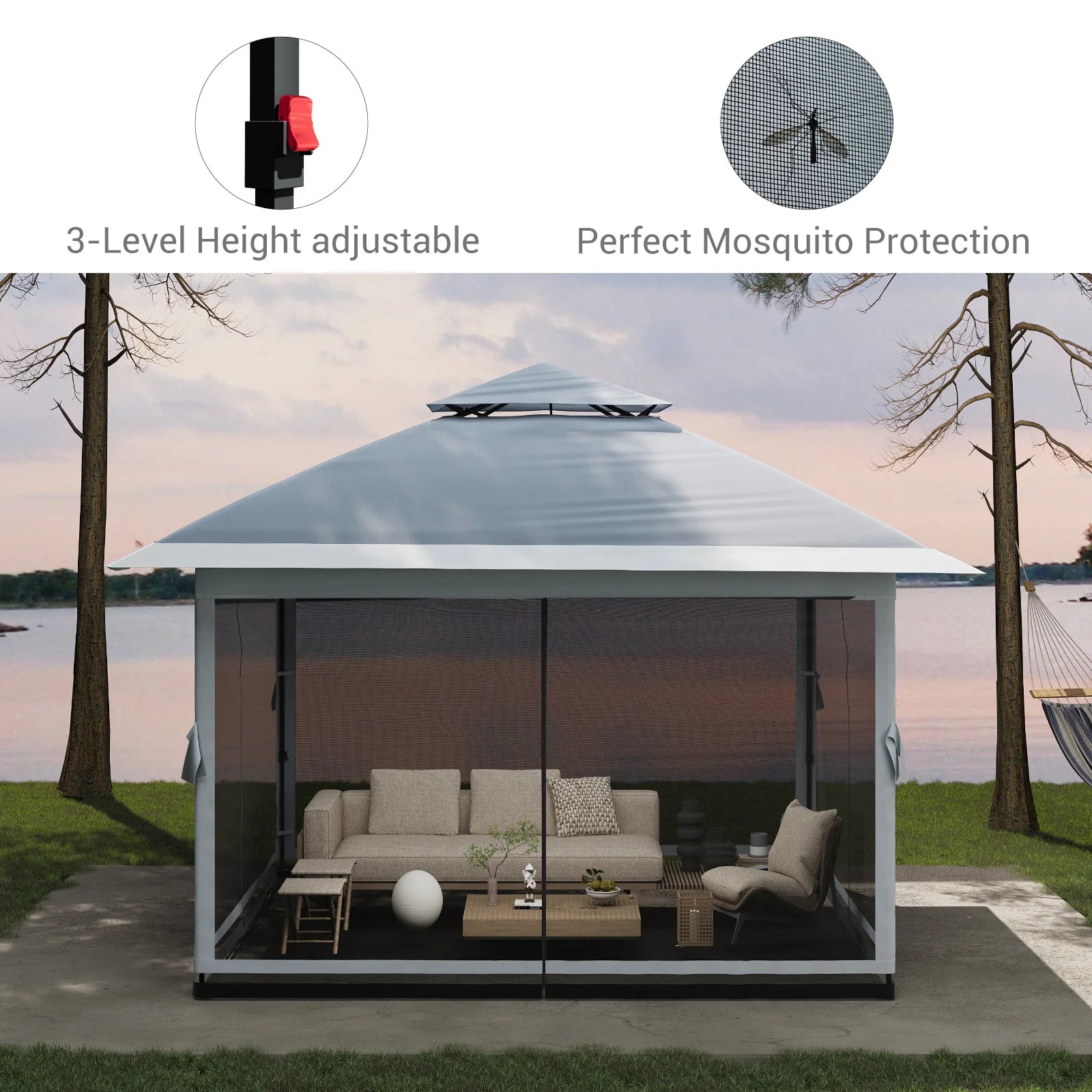 GARVEE Pop-Up Gazebo 4×4 m, Faltpavillon mit Moskitonetz, Robustes Stahlgestell, Wetterfest und Stabil für Garten, Terrasse und Outdoor-Events, Grau