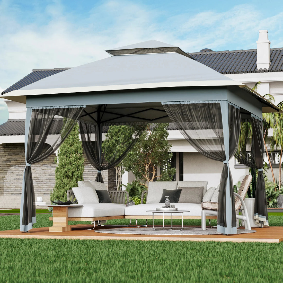 GARVEE Pop-Up Gazebo 4×4 m, Faltpavillon mit Moskitonetz, Robustes Stahlgestell, Wetterfest und Stabil für Garten, Terrasse und Outdoor-Events, Grau