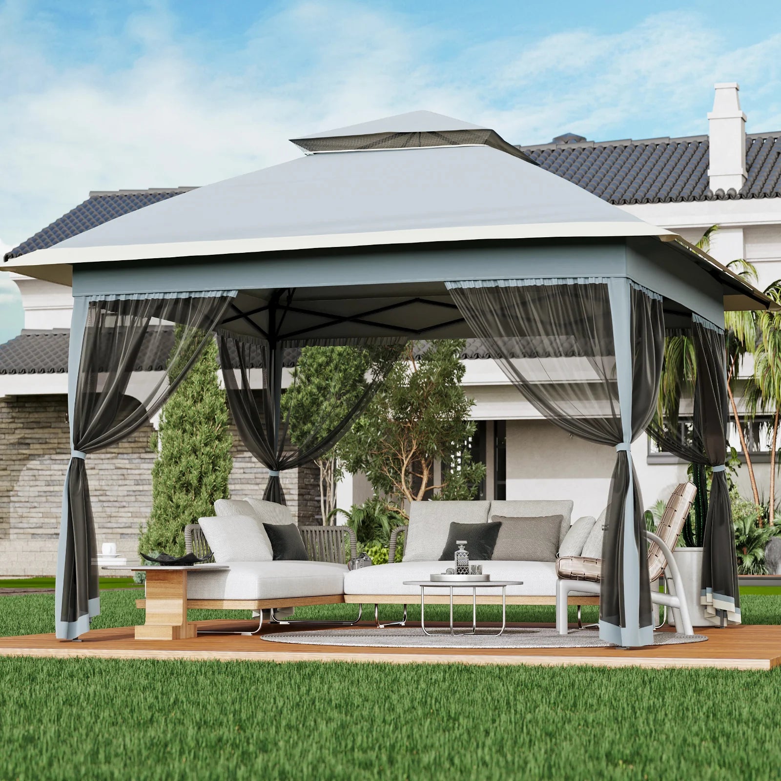 GARVEE Pop-Up Gazebo 4×4 m, Faltpavillon mit Moskitonetz, Robustes Stahlgestell, Wetterfest und Stabil für Garten, Terrasse und Outdoor-Events, Grau