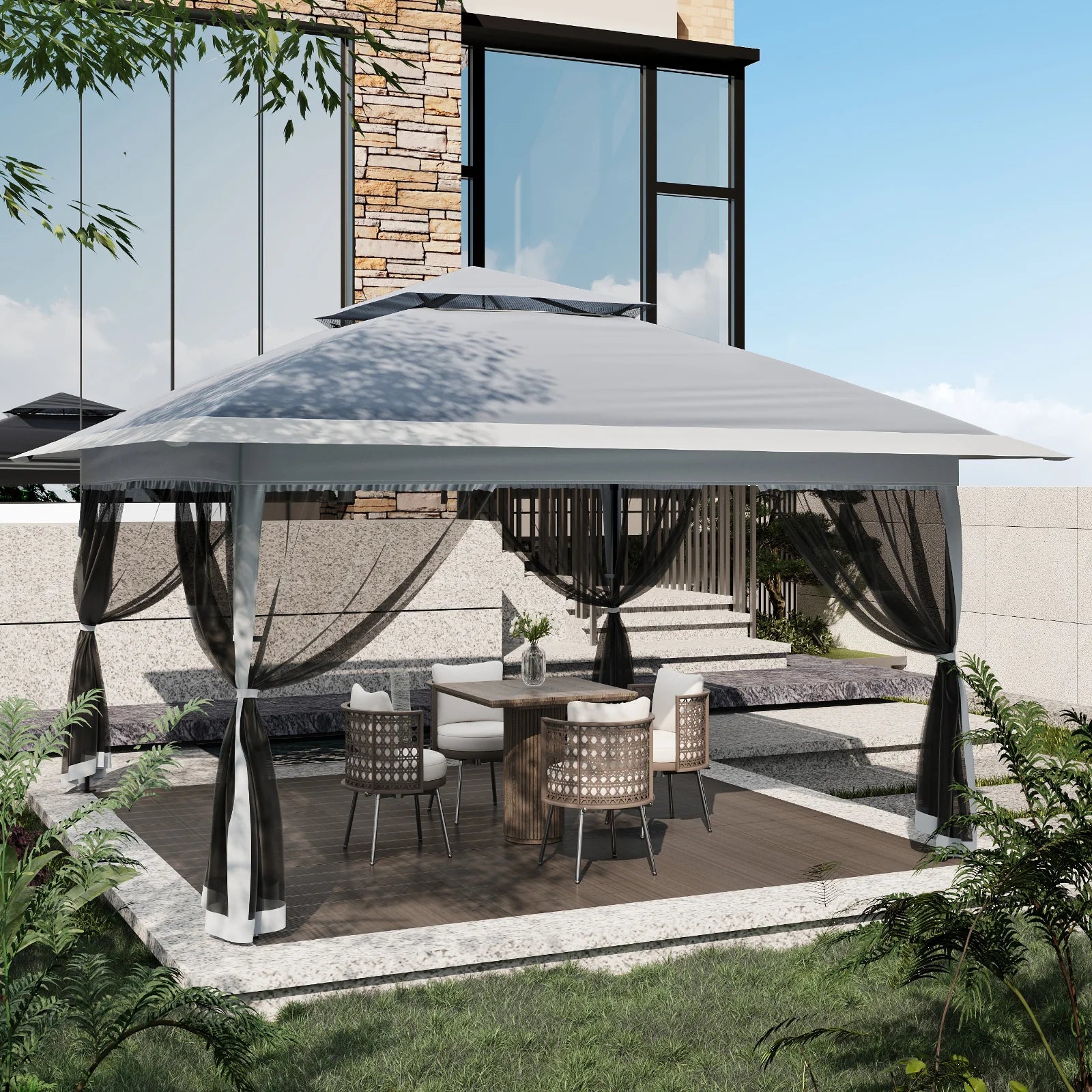 GARVEE Pop-Up Gazebo 4×4 m, Faltpavillon mit Moskitonetz, Robustes Stahlgestell, Wetterfest und Stabil für Garten, Terrasse und Outdoor-Events, Grau