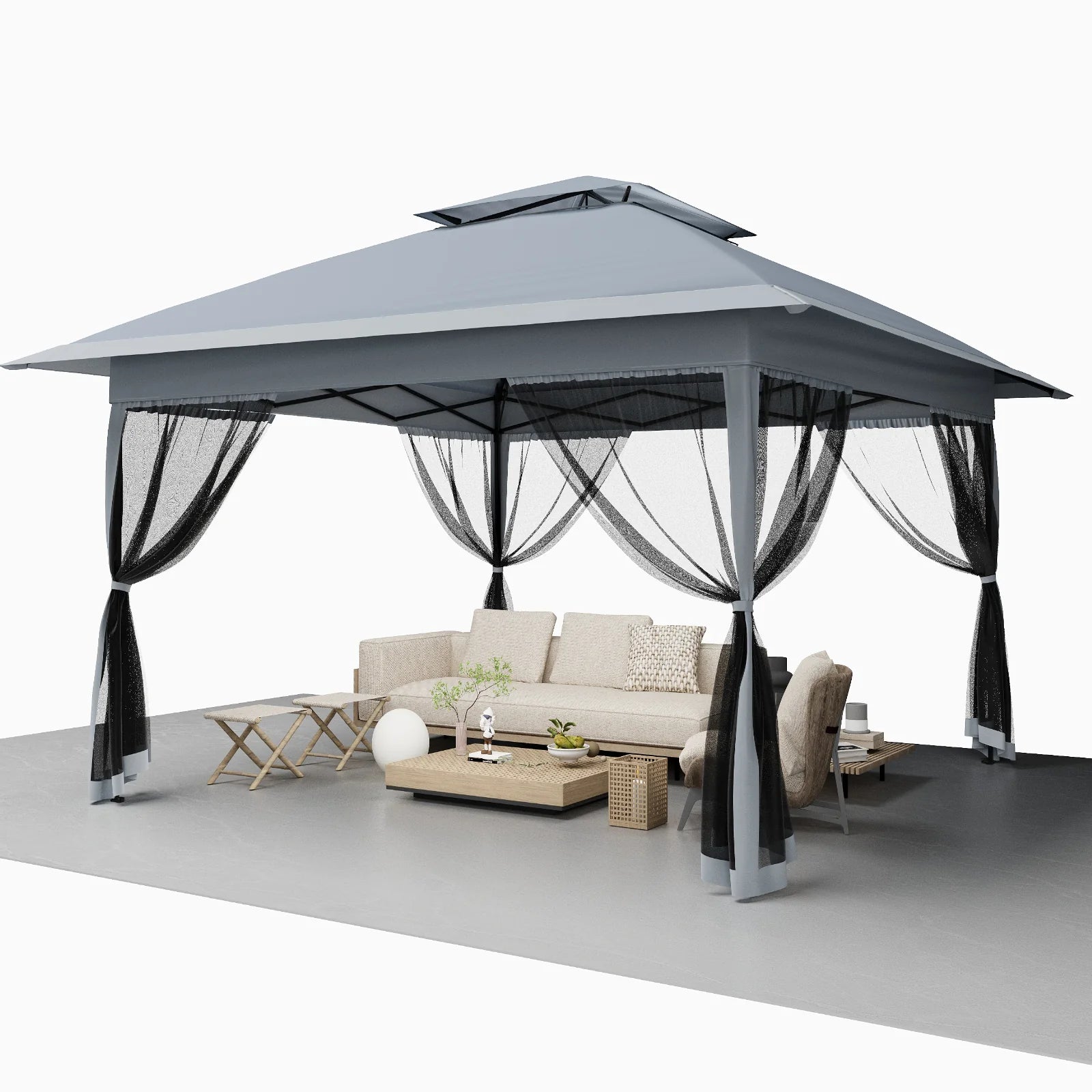 GARVEE Pop-Up Gazebo 4×4 m, Faltpavillon mit Moskitonetz, Robustes Stahlgestell, Wetterfest und Stabil für Garten, Terrasse und Outdoor-Events, Grau