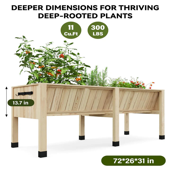 Garvee Erhöhtes Zedernholz-Gartenbeet 183 × 66 × 78 cm – Mit Haken, 35 cm Tiefe, Ergonomisch