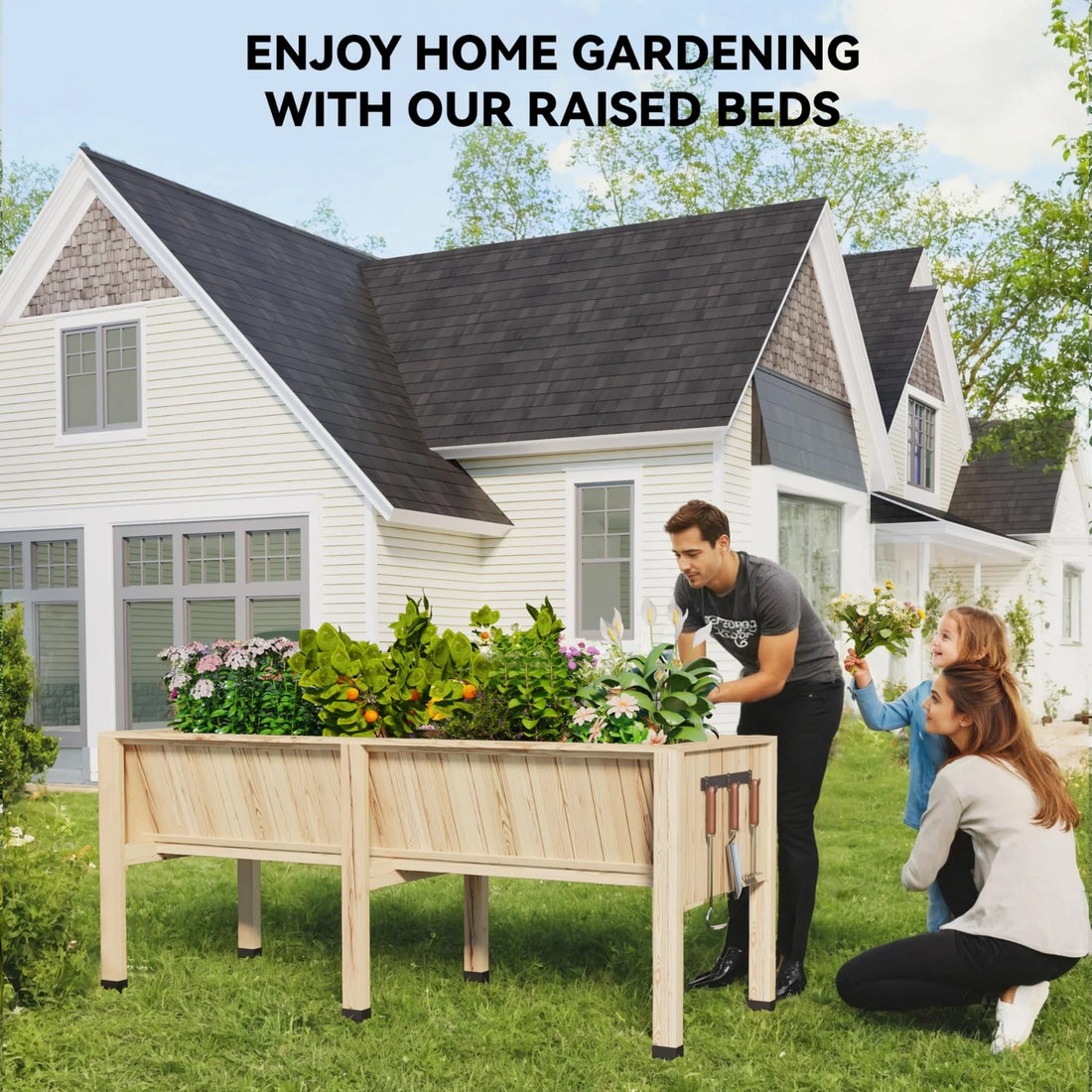 GARVEE Hochbeet aus Zedernholz 183 x 66 x 79 cm, Ergonomisches Pflanzbeet mit 35 cm Tiefe und Haken, Hochbeet für Gemüse, Kräuter, Blumen und Balkon, Naturholz