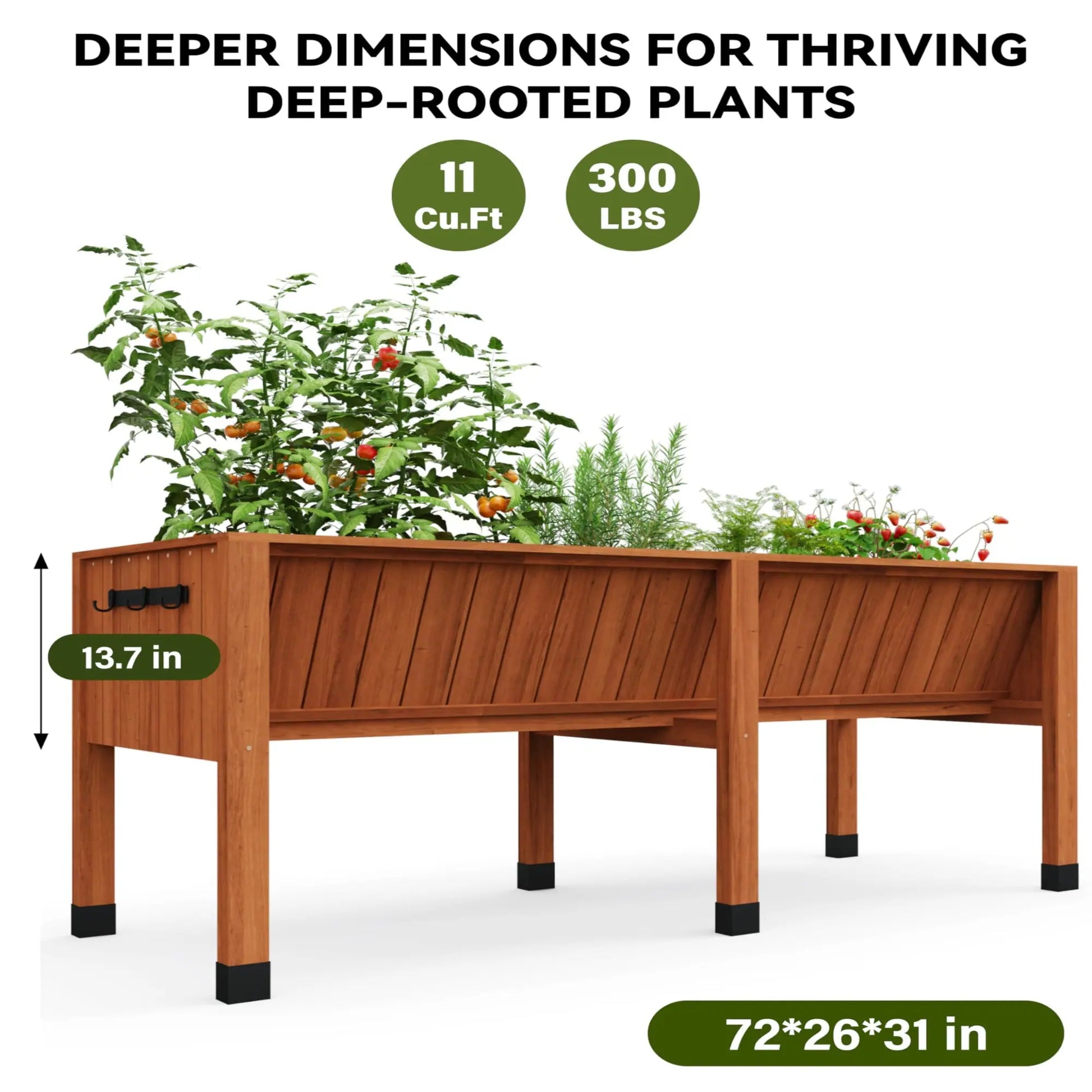 GARVEE Hochbeet aus Zedernholz 183 x 66 x 79 cm, Ergonomisches Pflanzbeet mit 35 cm Tiefe und Haken, Hochbeet für Gemüse, Kräuter, Blumen und Balkon, Dunkelbraun
