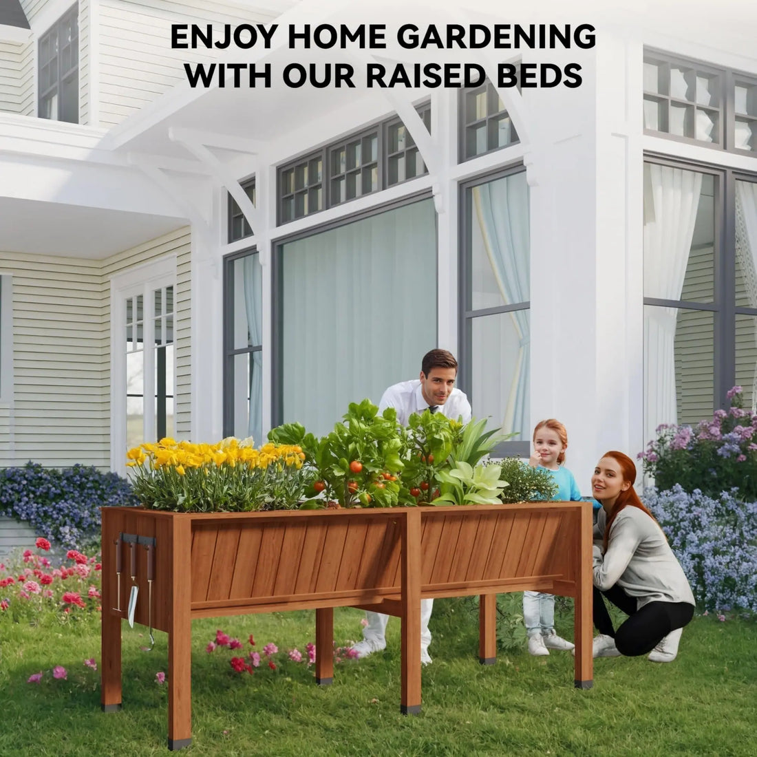 GARVEE Hochbeet aus Zedernholz 183 x 66 x 79 cm, Ergonomisches Pflanzbeet mit 35 cm Tiefe und Haken, Hochbeet für Gemüse, Kräuter, Blumen und Balkon, Dunkelbraun