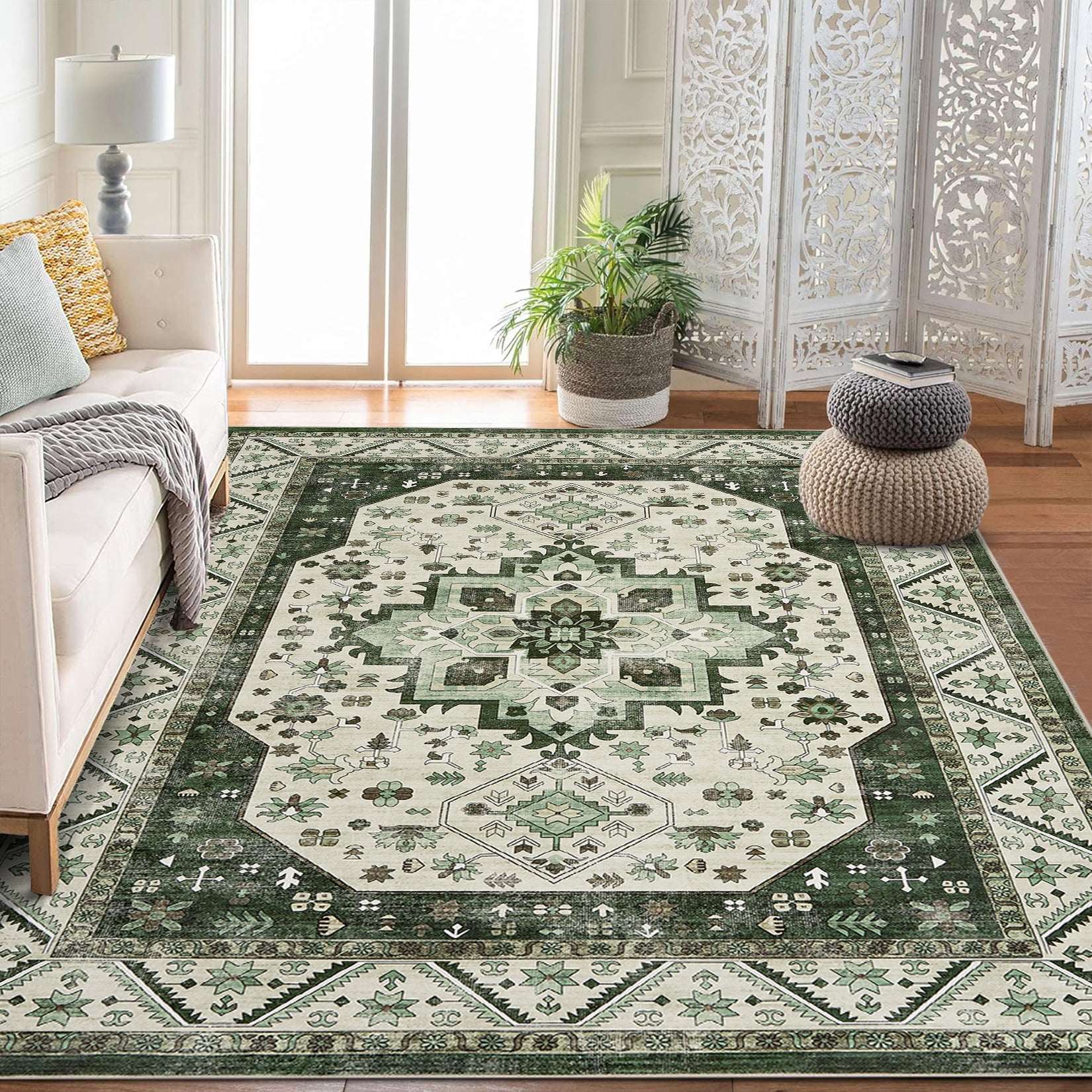 Garvee Vintage Boho Teppich 80 x 150 cm Rutschfest Waschbar Weicher Kurzflorteppich für Wohnzimmer Schlafzimmer Büro, marokkanisches Design, Kunstkaschmir, Graubraun