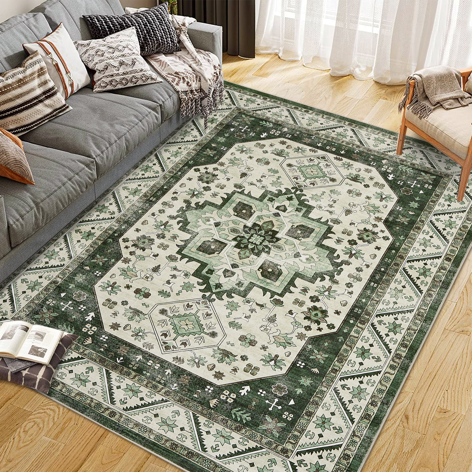 Garvee Vintage Boho Teppich 80 x 150 cm Rutschfest Waschbar Weicher Kurzflorteppich für Wohnzimmer Schlafzimmer Büro, marokkanisches Design, Kunstkaschmir, Graubraun