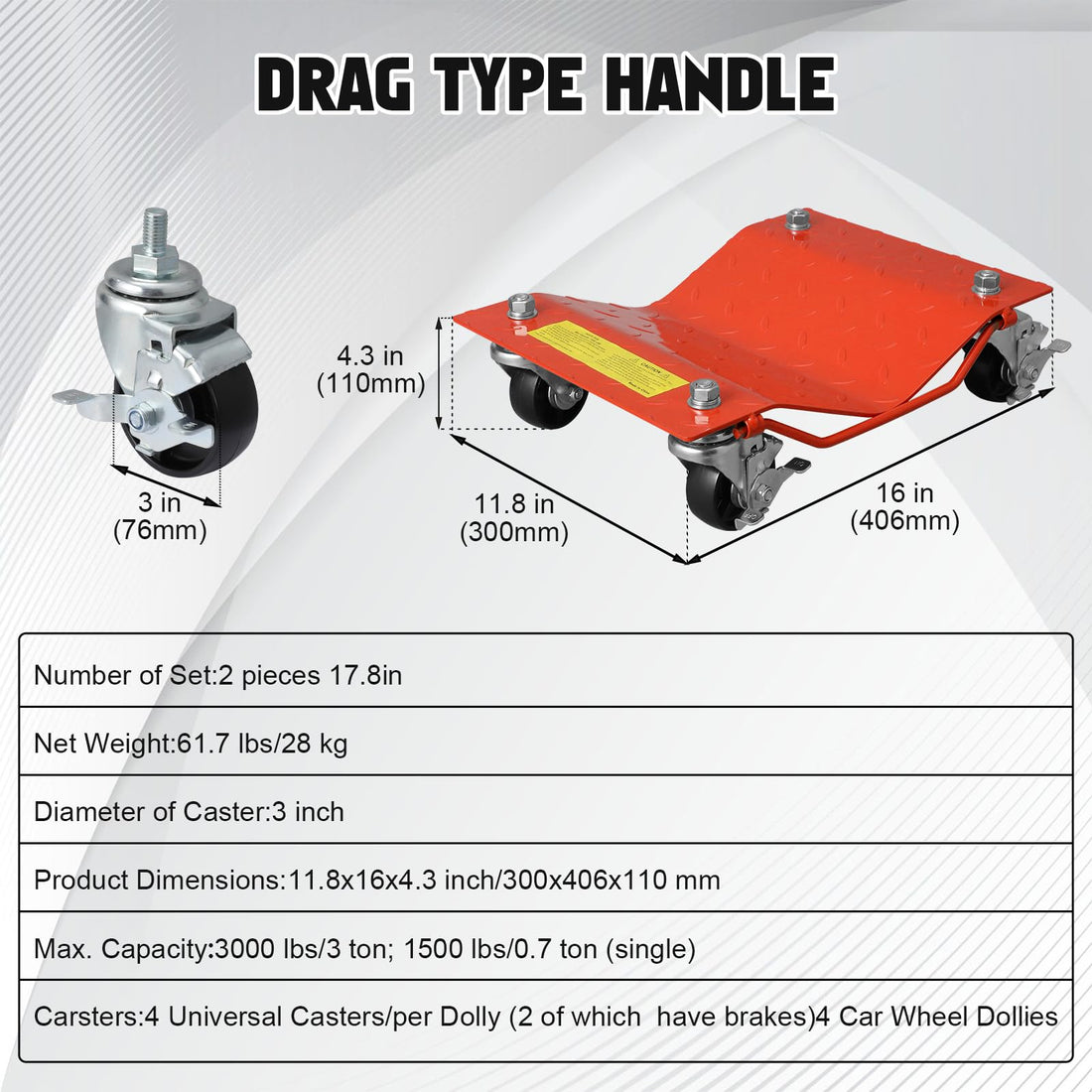 Garvee Auto-Rad-Dolly aus Stahl, 2 Stück, 1360 kg Tragkraft, 360° Rollen mit Bremse, Werkstatt