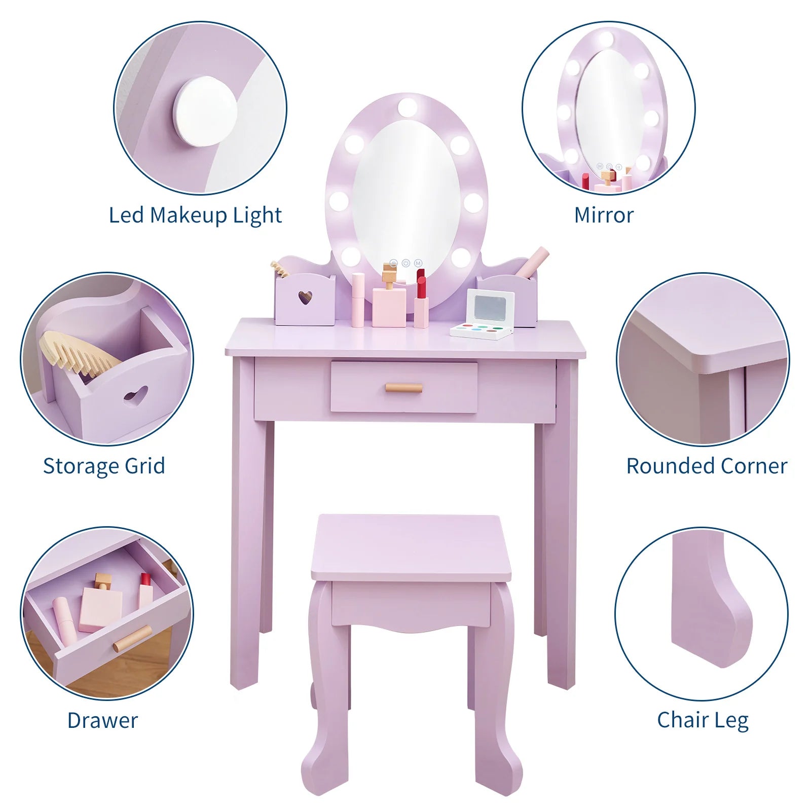 Garvee Kinder Schminktisch Set Mit LED Spiegel & Hocker, MDF Holz, Lila, Für 4–9 Jahre
