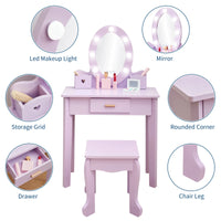 Garvee Kinder Schminktisch Set Mit LED Spiegel & Hocker, MDF Holz, Lila, Für 4–9 Jahre