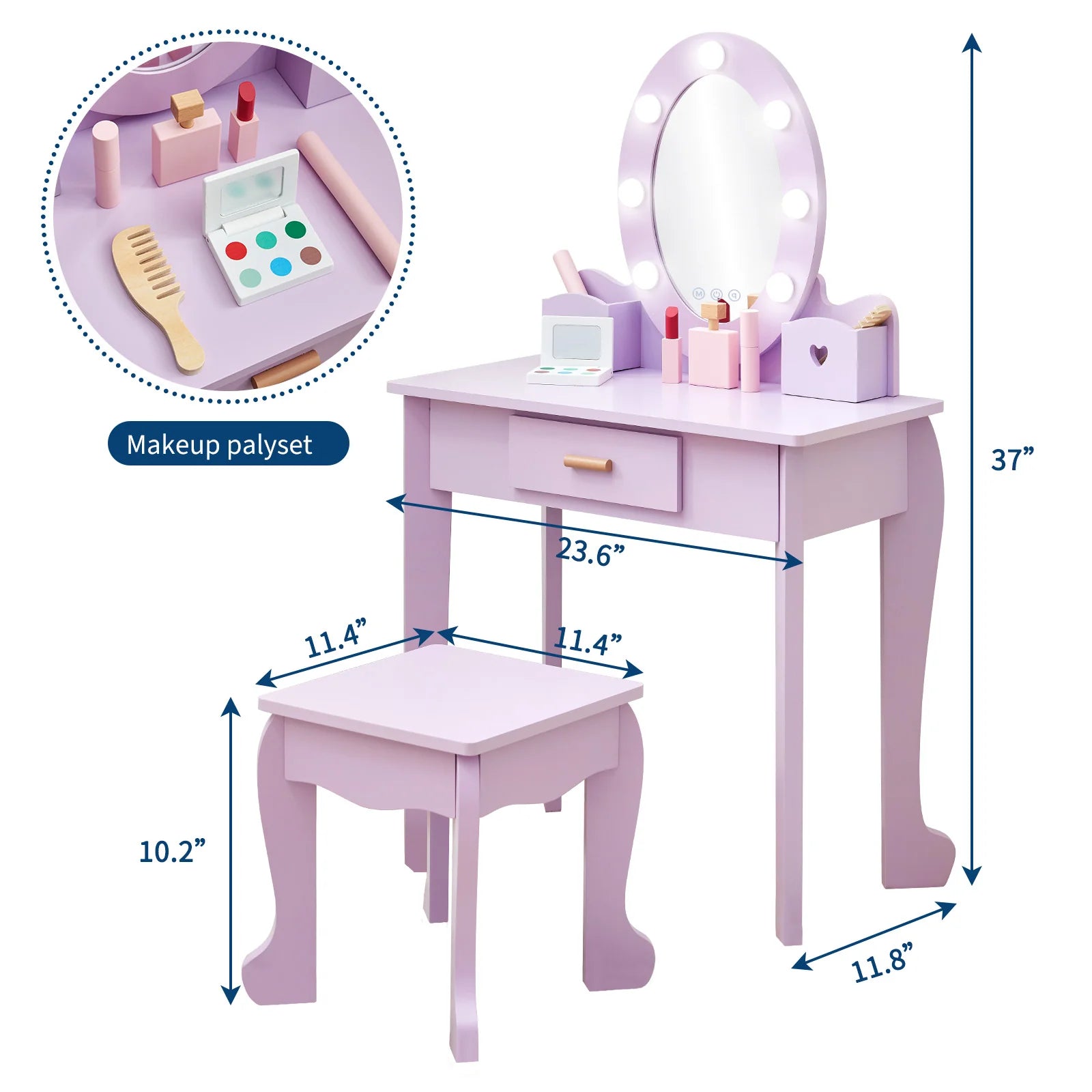 Garvee Kinder Schminktisch Set Mit LED Spiegel & Hocker, MDF Holz, Lila, Für 4–9 Jahre