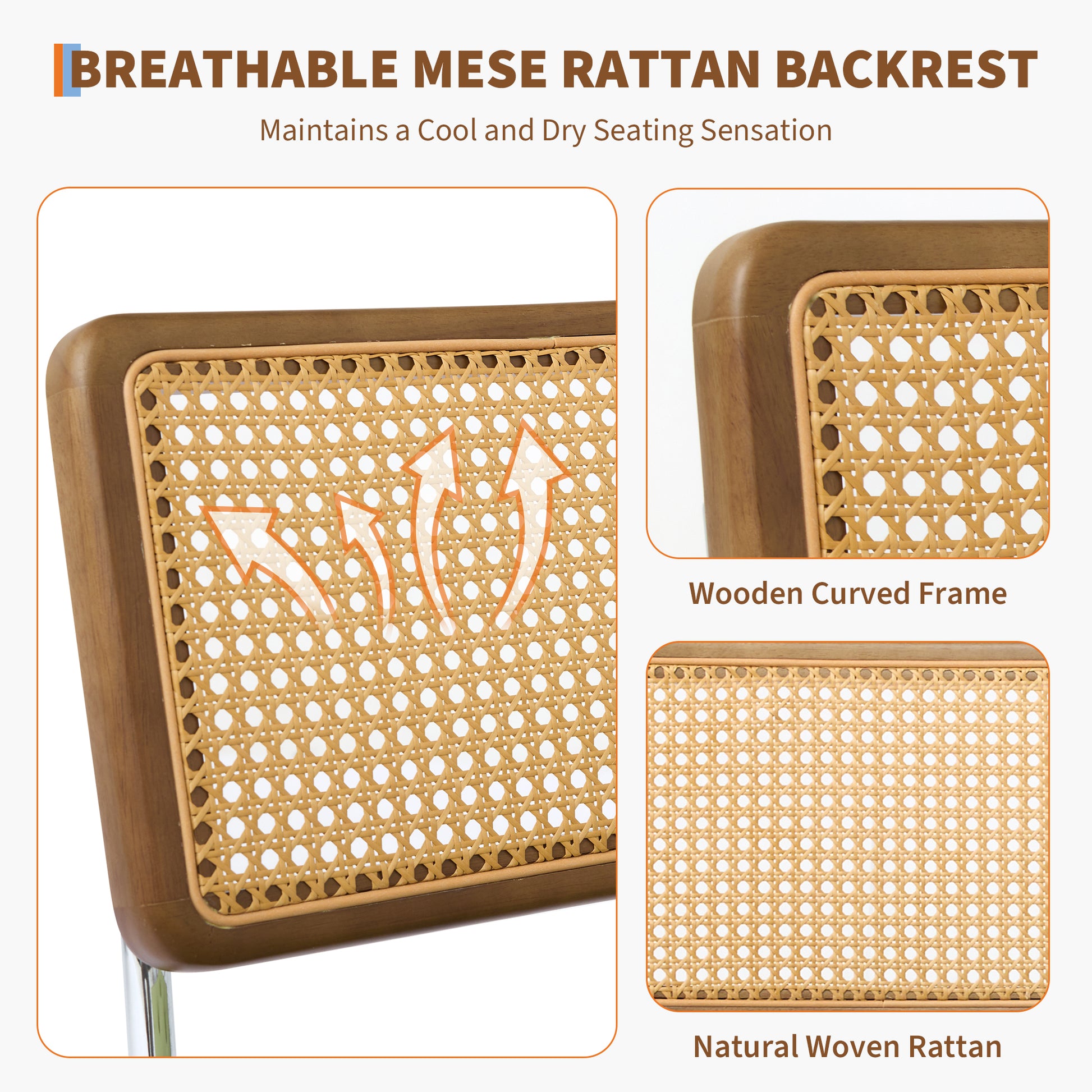 Garvee Mid-Century Rattan Esszimmerstuhl, Handgewebte Rückenlehne, Gepolstert, Holzrahmen, PU-Leder