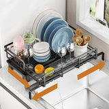 Garvee Kohlenstoffstahl Abtropfgestell mit Besteckhalter für Küche Verstellbar 42-50 × 30,6 × 15,7 cm Silber, Schwarz, mit Stauraum, mit LED