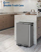 Garvee Doppel-Mülleimer 2x8 Gal Edelstahl Mit Deckel Für Küche Und Büro, Matte Grau, Langlebig & Kratzfest, Soft-Close, Kompakt - grau