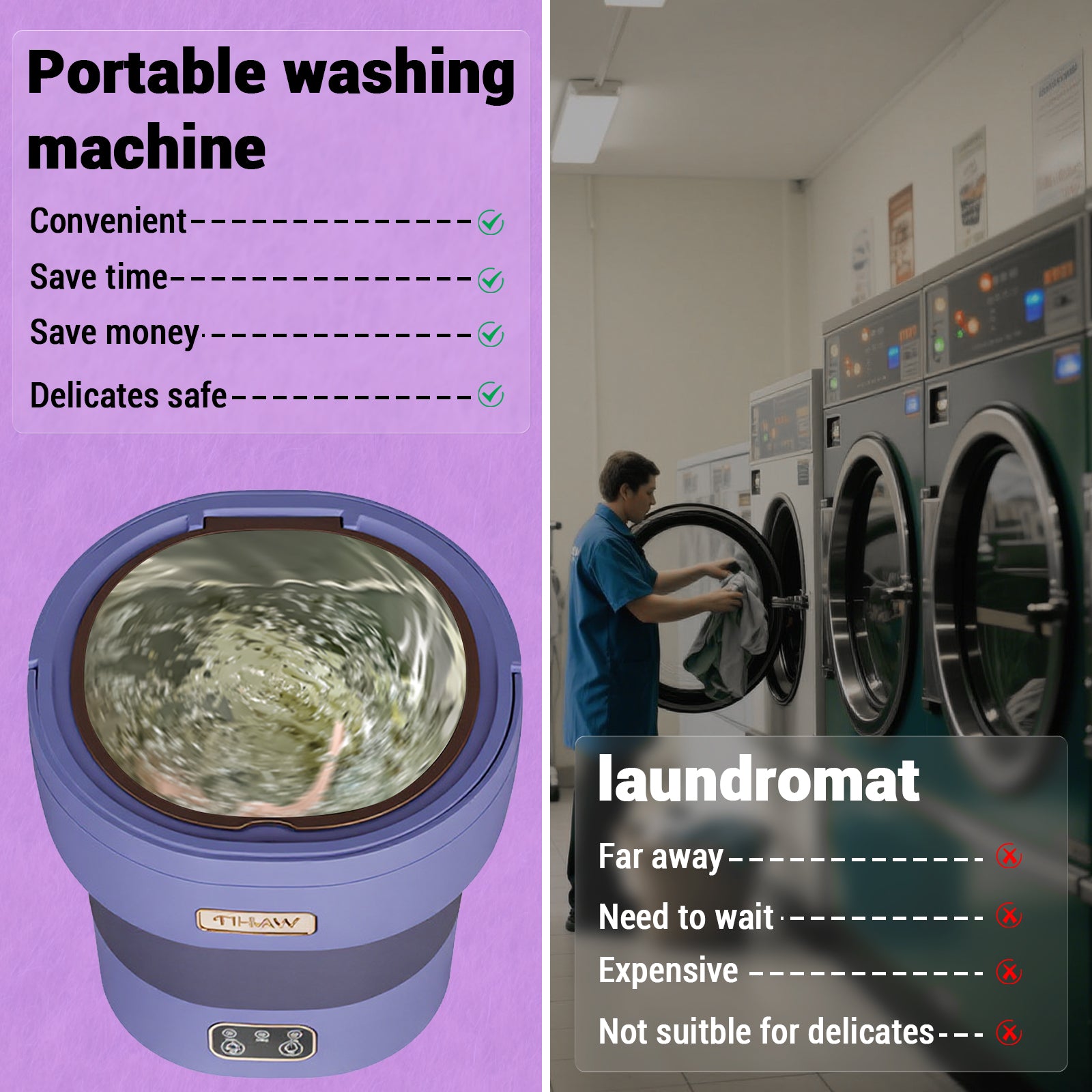 Garvee Mini Waschmaschine 12 L, 2-in-1 Mit Schleuder, Faltbar, Leise, Für Wohnung & Camping, Lila