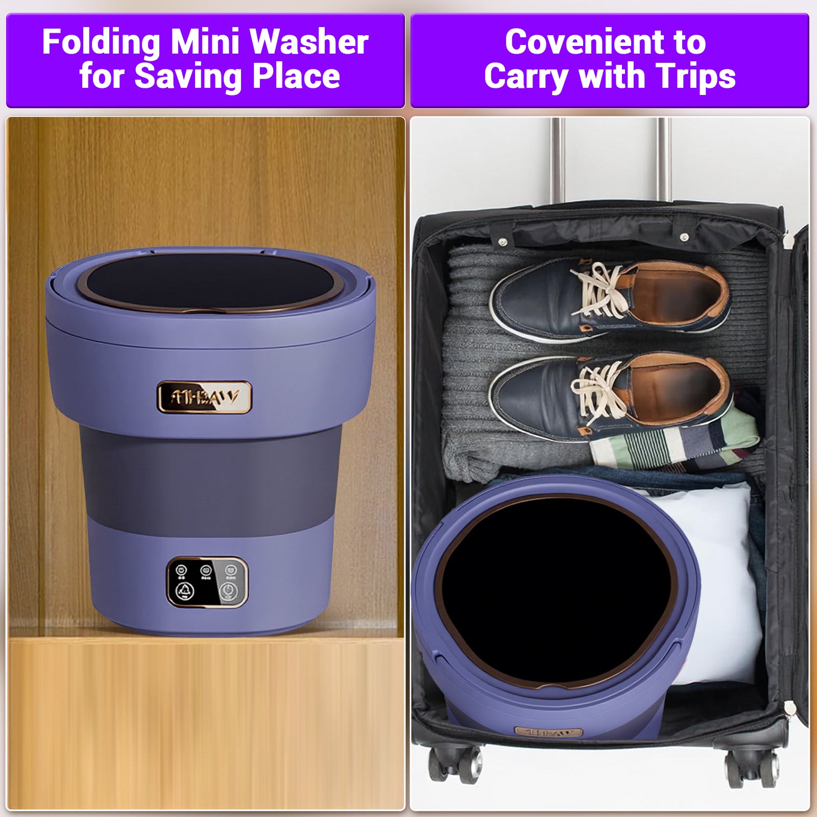 Garvee Mini Waschmaschine 12 L, 2-in-1 Mit Schleuder, Faltbar, Leise, Für Wohnung & Camping, Lila
