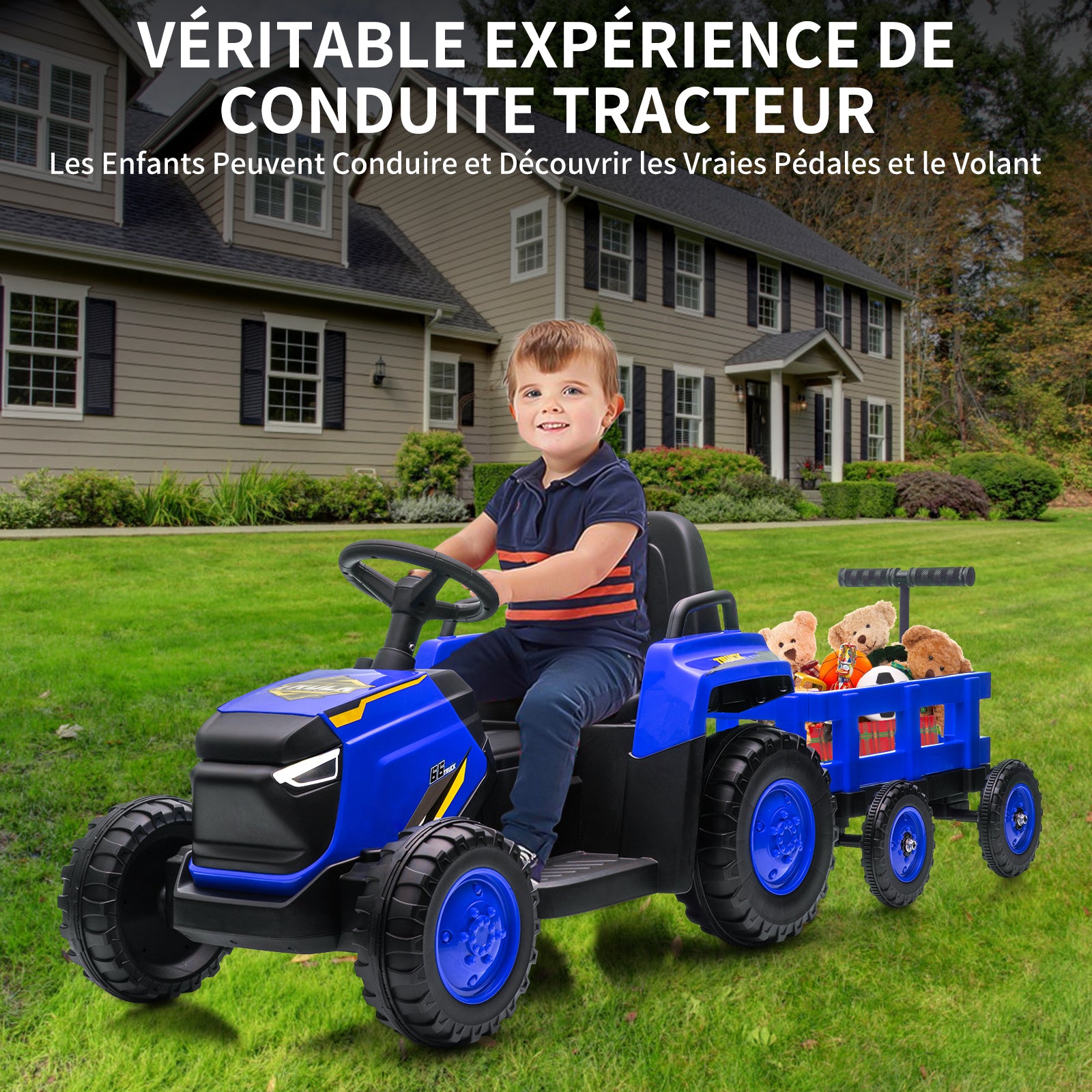 Garvee Elektrischer Kindertraktor 12V – Mit Abnehmbarem Anhänger, 6 Räder, Doppelmotor, LED, Bluetooth, USB, Musik, Fernbedienung für Garten und Hof