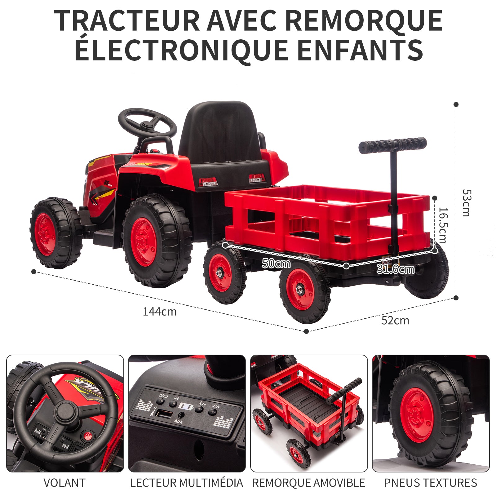 Garvee Elektrischer Kindertraktor 12V – Mit Abnehmbarem Anhänger, 6 Räder, Doppelmotor, LED, Bluetooth, USB, Musik, Fernbedienung für Garten und Hof