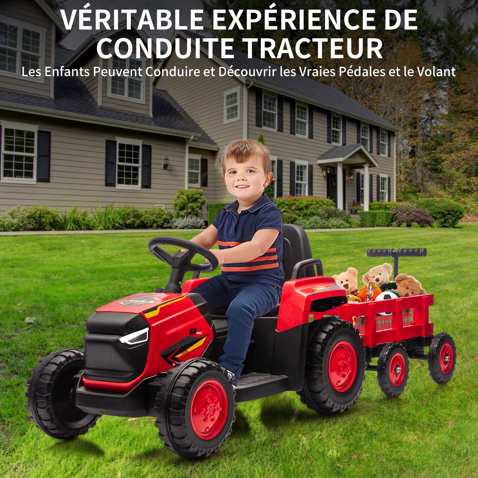 Garvee Elektrischer Kindertraktor 12V – Mit Abnehmbarem Anhänger, 6 Räder, Doppelmotor, LED, Bluetooth, USB, Musik, Fernbedienung für Garten und Hof