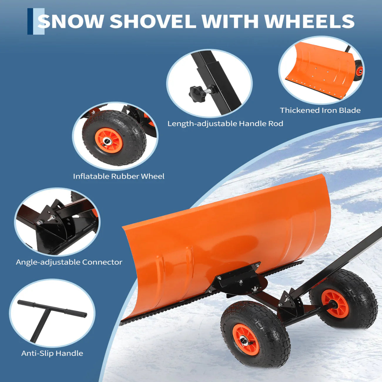 Garvee Schneeschieber 50 cm, Mit Rädern, 5 Fach Verstellbar, Rutschfest, Für Einfahrten & Gehwege