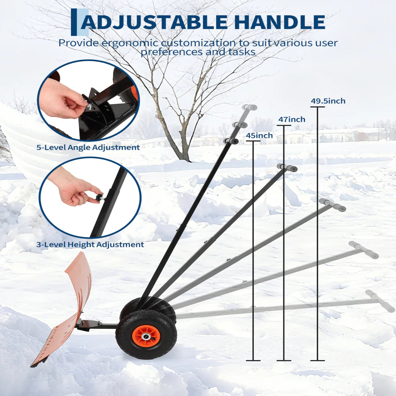 Garvee Schneeschieber 50 cm, Mit Rädern, 5 Fach Verstellbar, Rutschfest, Für Einfahrten & Gehwege
