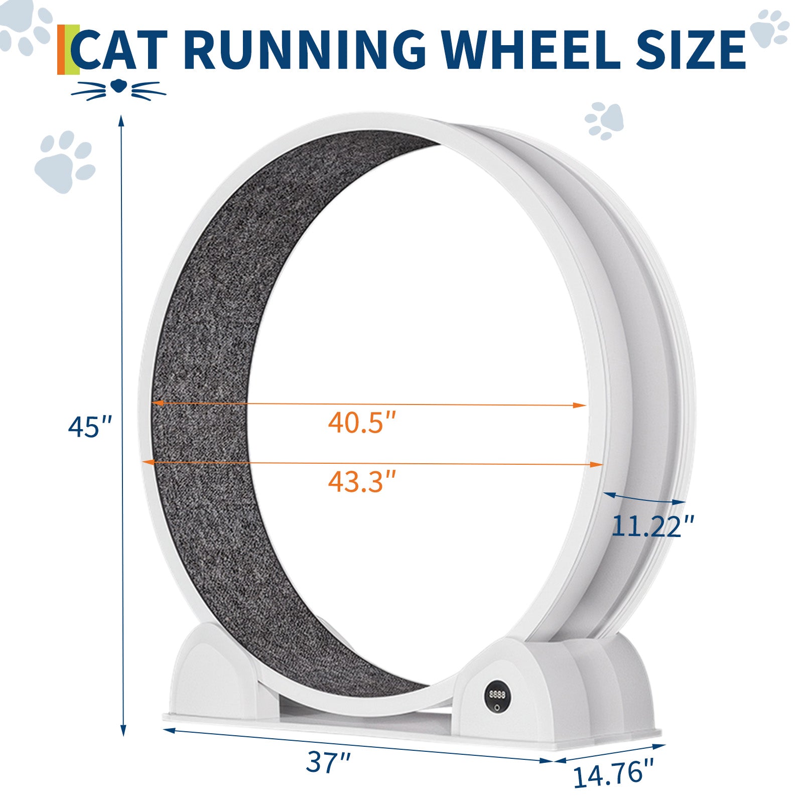 GARVEE XL Katzenlaufrad Ø103 cm für große Katzen bis 12 kg, Leises Katzenrad mit Schrittzähler & Kratzbrett, Abnehmbarer Teppich, Weiß