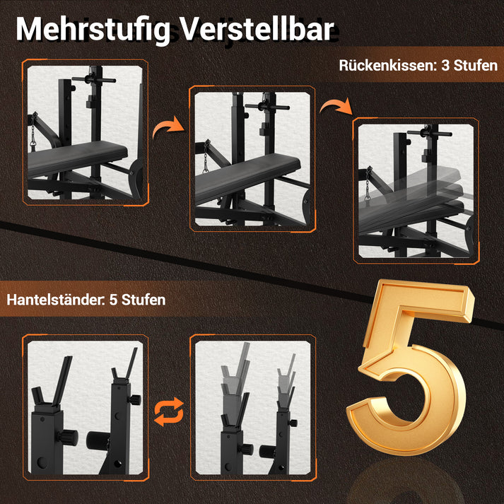 Mehrstufige Verstellung der Rückenlehne und Langhantelablage