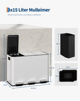 Garvee Mülleimer Küche 3 × 15 L Mülltrennsystem Metall Tretmülleimer Weiß Soft-Close Deckel, pflegeleicht, rutschfest - Weiß