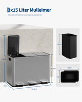 Garvee Mülleimer Küche 3 × 15 L Mülltrennsystem Edelstahl Soft-Close Deckel Seitlicher Griff Edelstahlfarbe, pflegeleicht, rutschfest, Edelstahloptik - Edelstahloptik