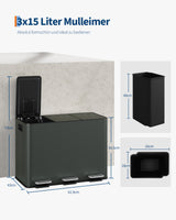 Garvee Mülleimer Küche 3 × 15 L Mülltrennsystem Metall Tretmülleimer Soft-Close Deckel Grau-Grün, pflegeleicht, rutschfest - Grau