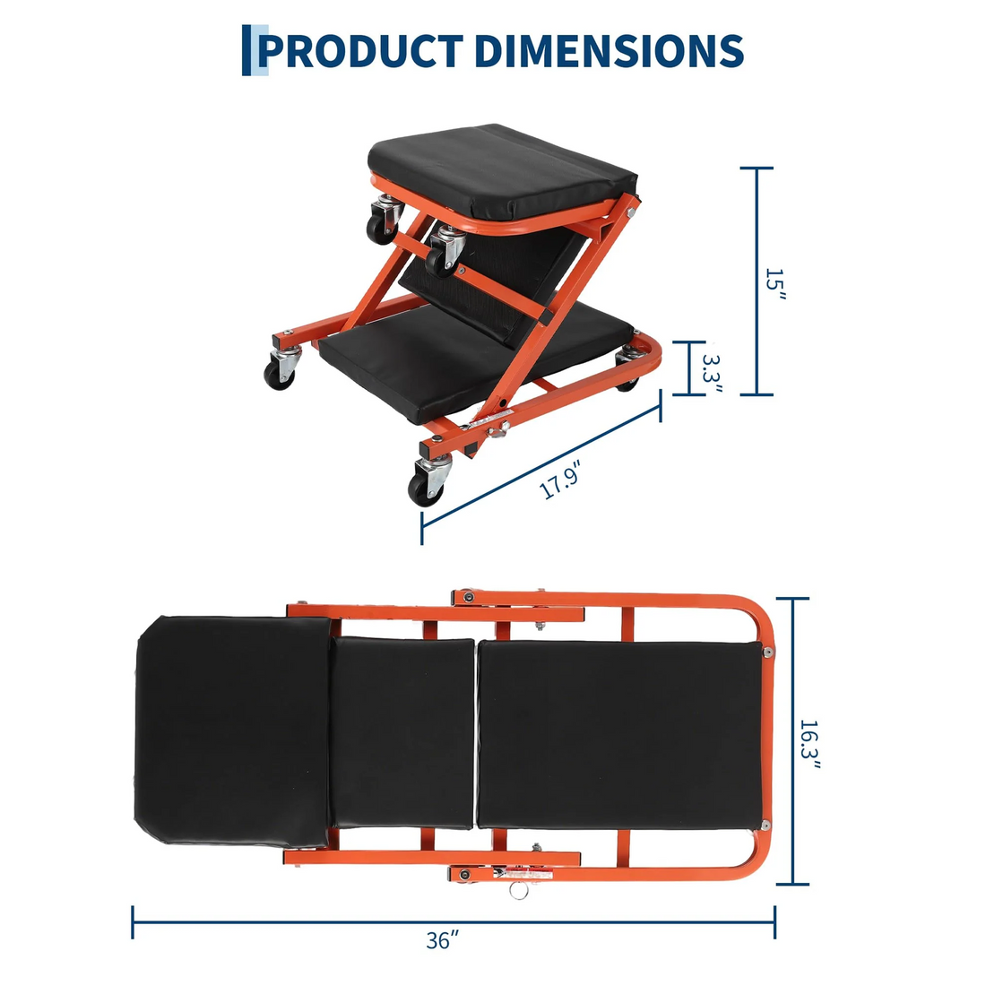 Garvee 91 cm Z-Creeper Mechanikersitz – Faltbar, 6 Rollen, Stahlrahmen, Gepolstert, Orange