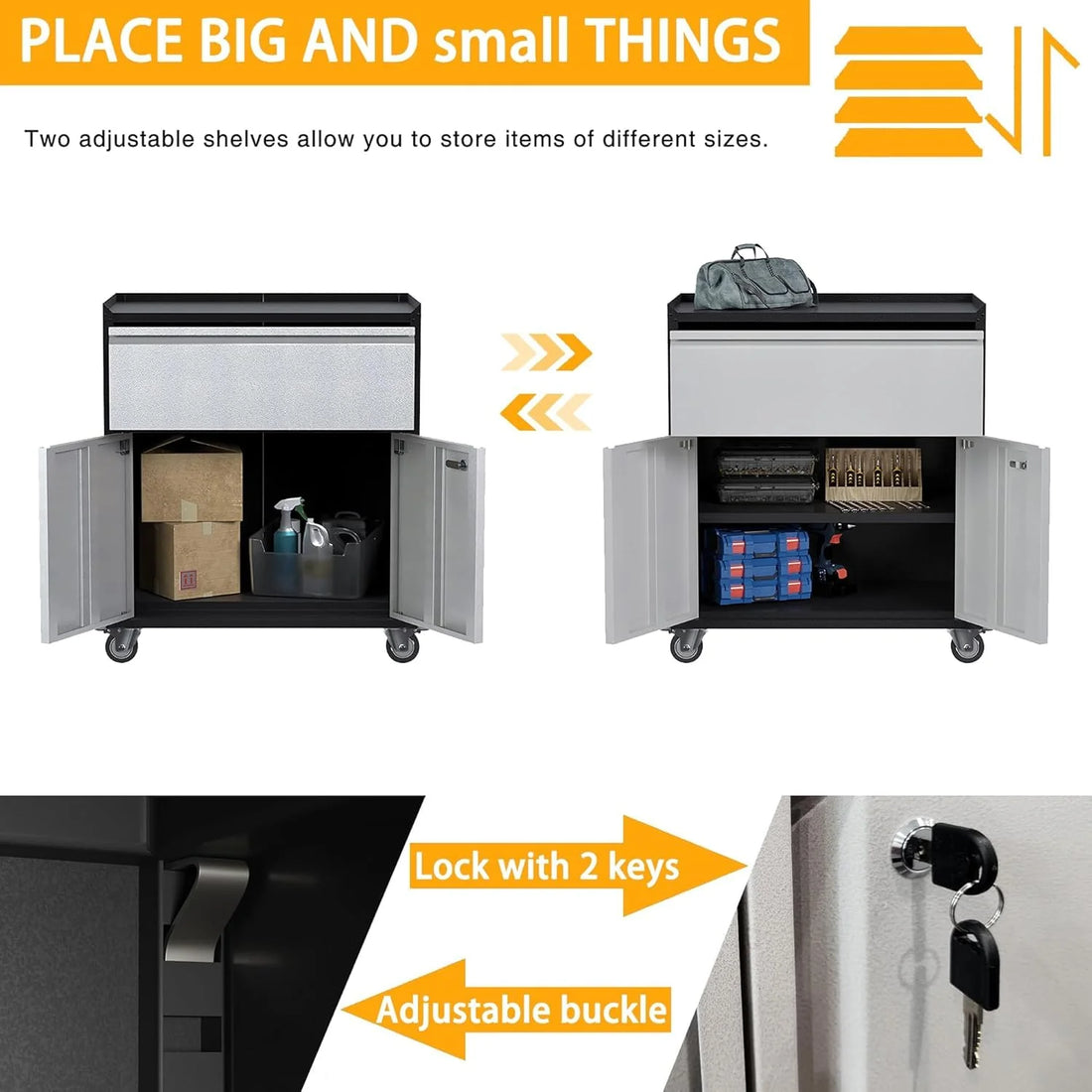 GARVEE Mobiler Werkzeugschrank aus Metall mit Schublade & 360° Rollen - 77x46x80cm