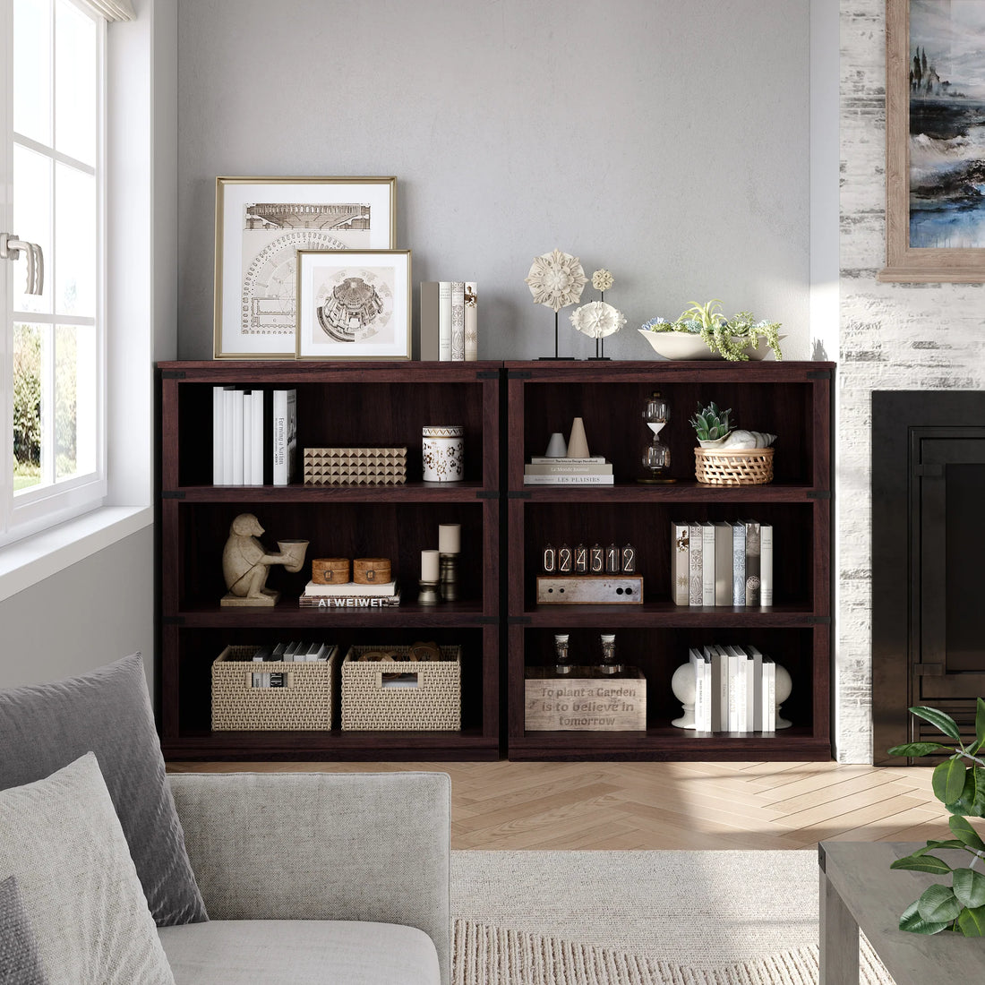 Garvee Bücherregal 4 Ebenen 80 x 32 x 102 cm, breites Standregal aus Holz mit 3 Regalbereichen, stabiles Aufbewahrungsregal im Industrie-Look, Kirschbaum