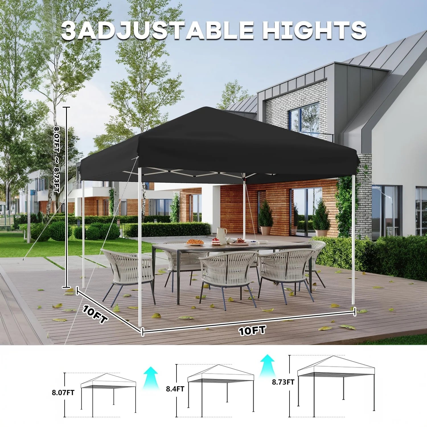 GARVEE Pop-Up Pavillon 3x3 m, Faltpavillon aus 210D Oxford, Robustes Stahlgestell, Wetterfest und Stabil für Camping, Gartenpartys und Outdoor-Events, Schwarz