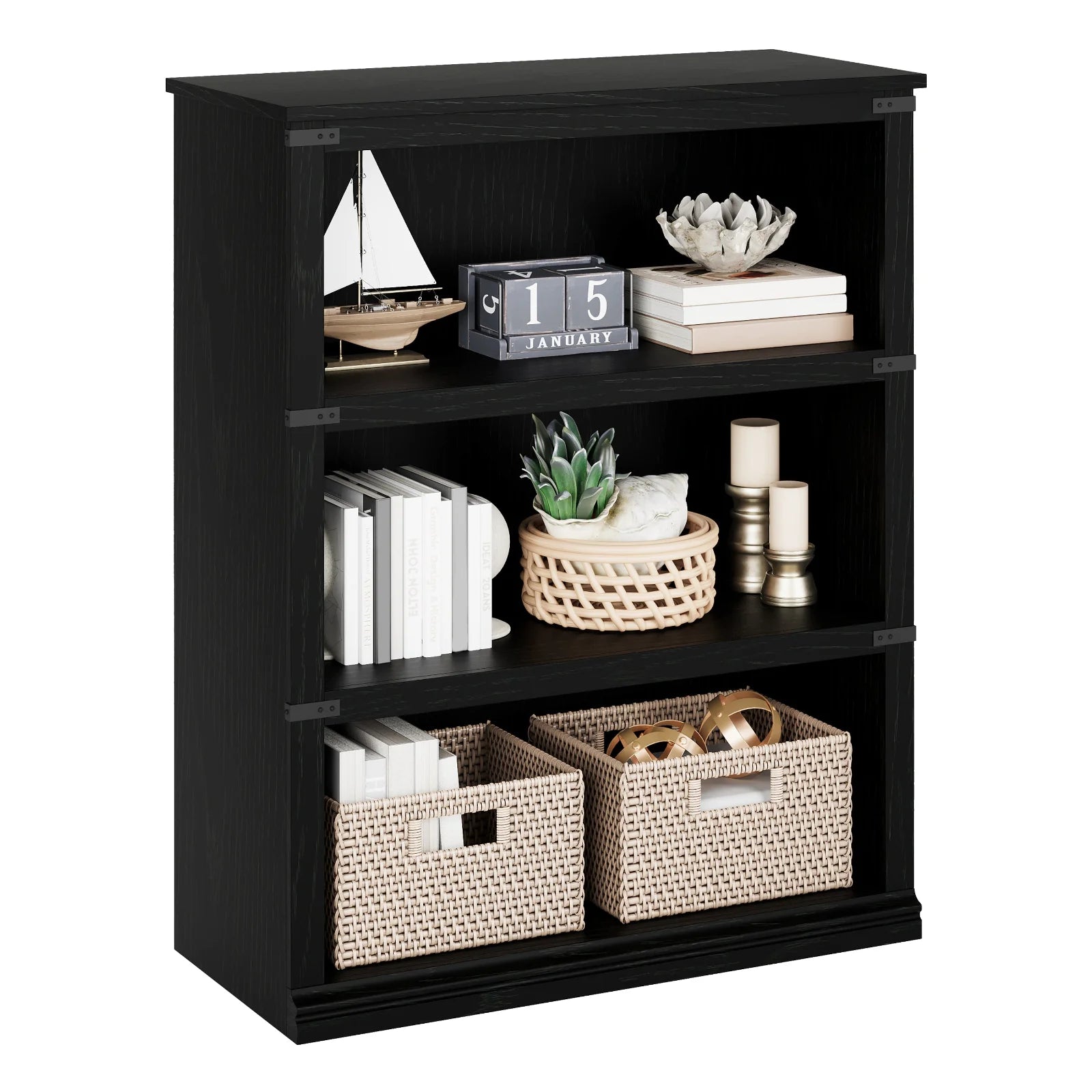 Garvee Bücherregal 4 Ebenen 80 x 32 x 102 cm, breites Standregal aus Holz mit 3 Regalbereichen, stabiles Aufbewahrungsregal im Industrie-Look, Schwarz