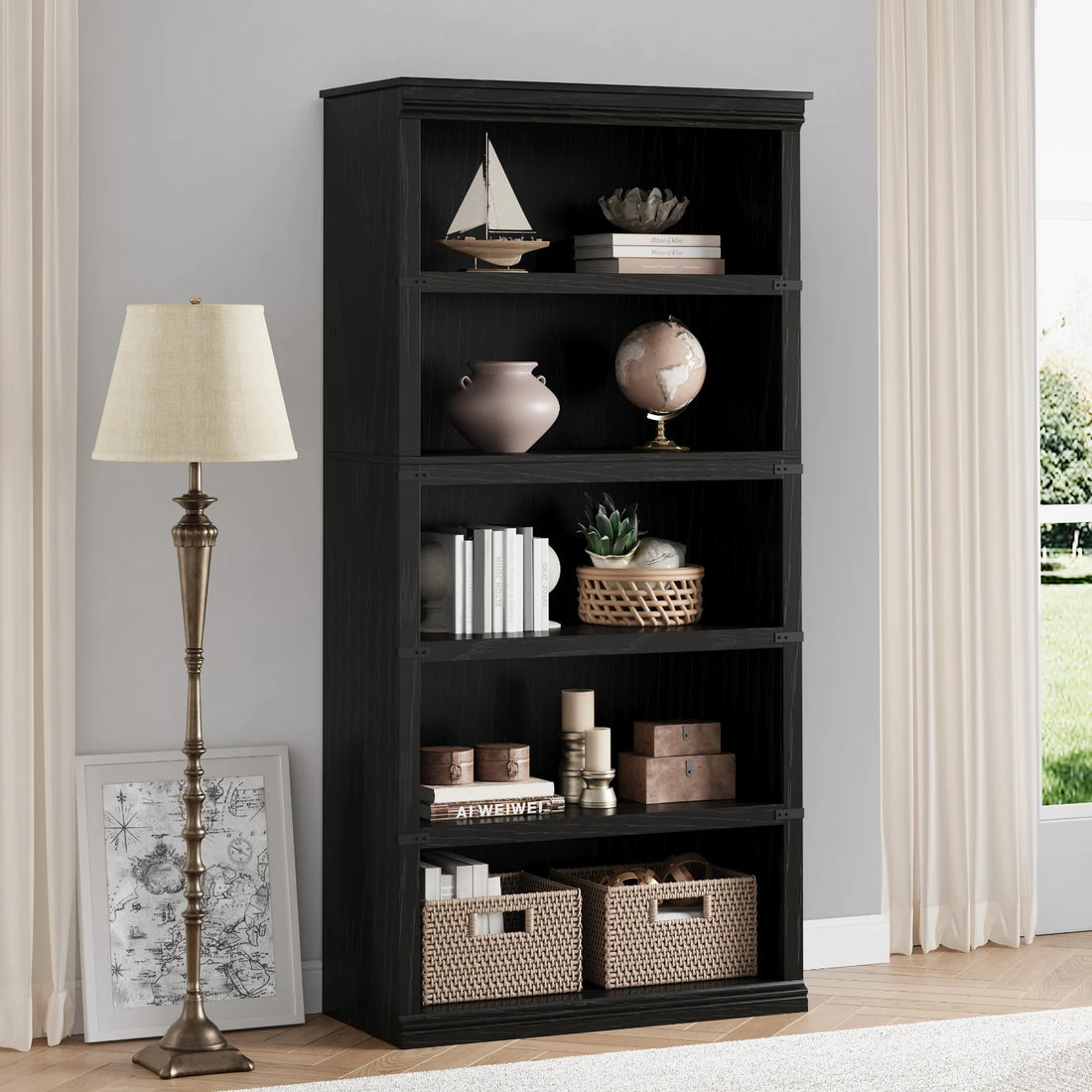 Garvee Bücherregal 171 cm, 5-stöckiges Standregal im Landhausstil, offenes Holzregal mit 5 Ablagen und Stauraum, für Homeoffice, Wohnzimmer & Schlafzimmer, Schwarz