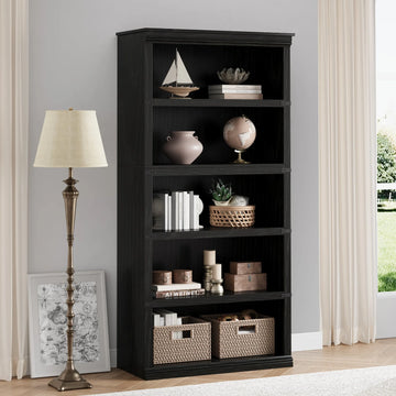 Garvee Bücherregal 171 cm, 5-stöckiges Standregal im Landhausstil, offenes Holzregal mit 5 Ablagen und Stauraum, für Homeoffice, Wohnzimmer & Schlafzimmer, Schwarz