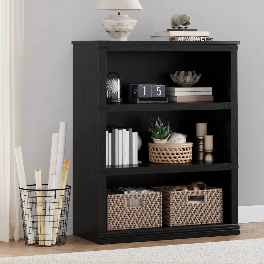 Garvee Bücherregal 4 Ebenen 80 x 32 x 102 cm, breites Standregal aus Holz mit 3 Regalbereichen, stabiles Aufbewahrungsregal im Industrie-Look, Schwarz
