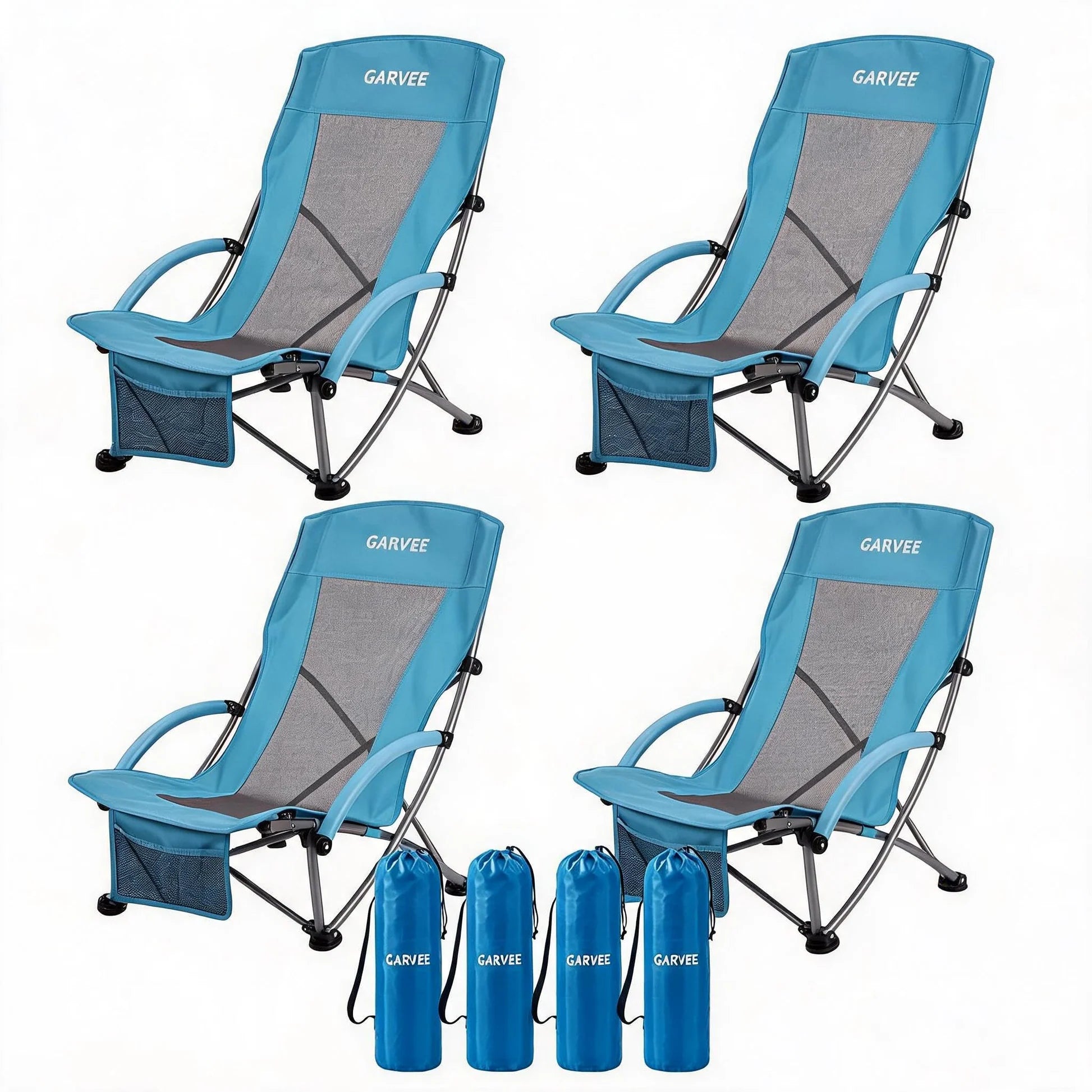 Garvee 4er-Set Strandstühle faltbar, verstellbare Campingstühle mit hoher Rückenlehne, Rucksackgurten, Getränkehalter und 150 kg Tragkraft, für Strand, Camping & Garten