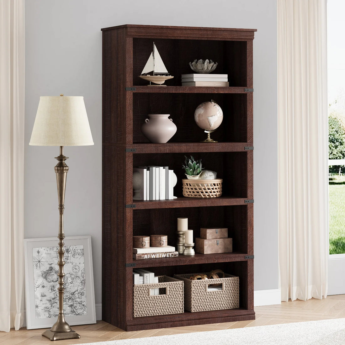 Garvee Bücherregal 171 cm, 5-stöckiges Standregal im Landhausstil, offenes Holzregal mit 5 Ablagen und Stauraum, für Homeoffice, Wohnzimmer & Schlafzimmer, Rotbraun