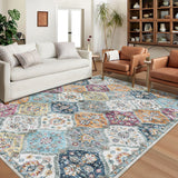 Garvee Boho Teppich Wohnzimmer 200x290 cm, Vintage Teppich mit Rauten-Blumenmuster fürs Schlafzimmer, Rutschfester Innenraum-Faltteppich für Esszimmer, Gelb Lila - Gelb Lila