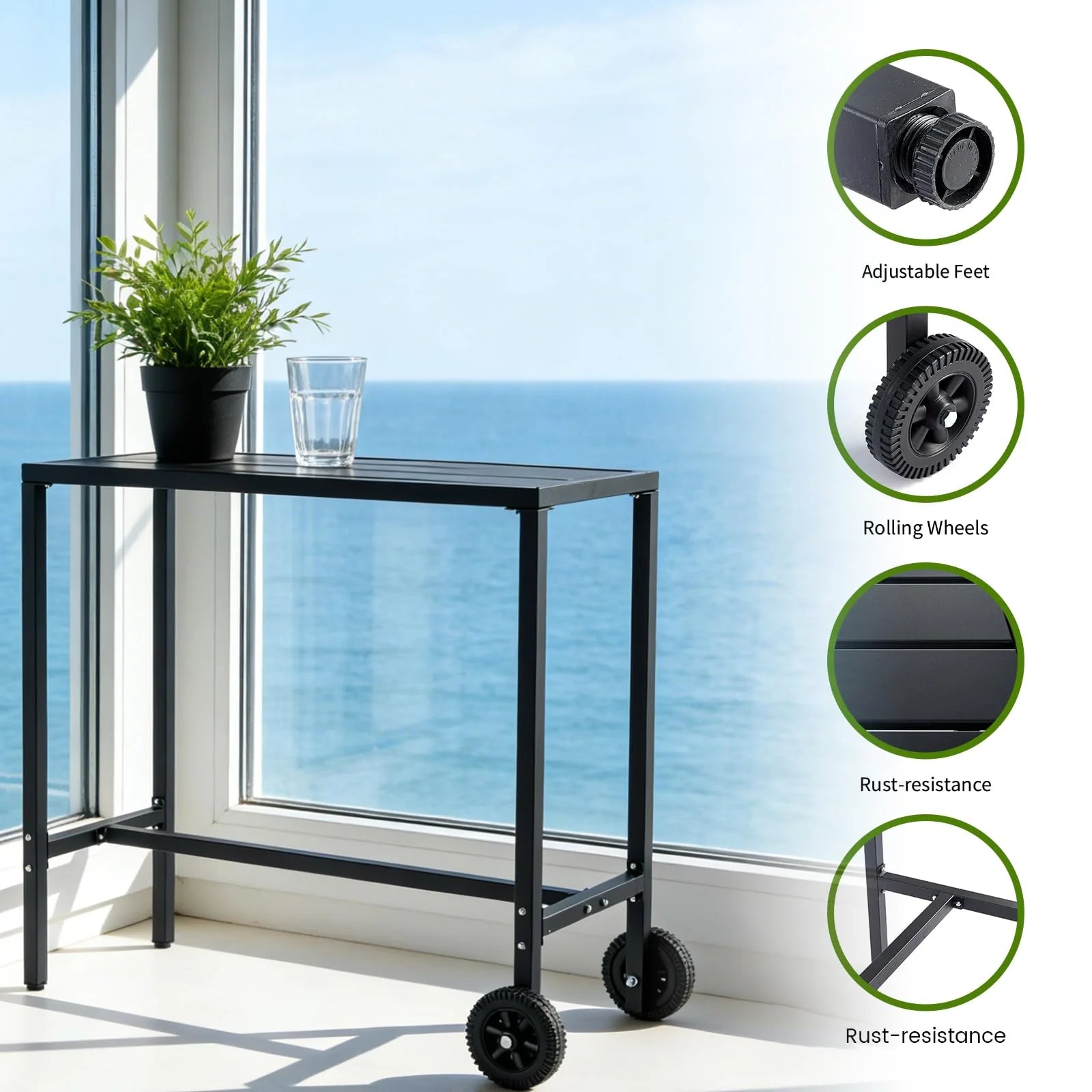 Garvee Bartisch 99 cm, Mit Rollen & Verstellbaren Füßen, Stahl, Wetterfest, Für Balkon & Patio, Schwarz