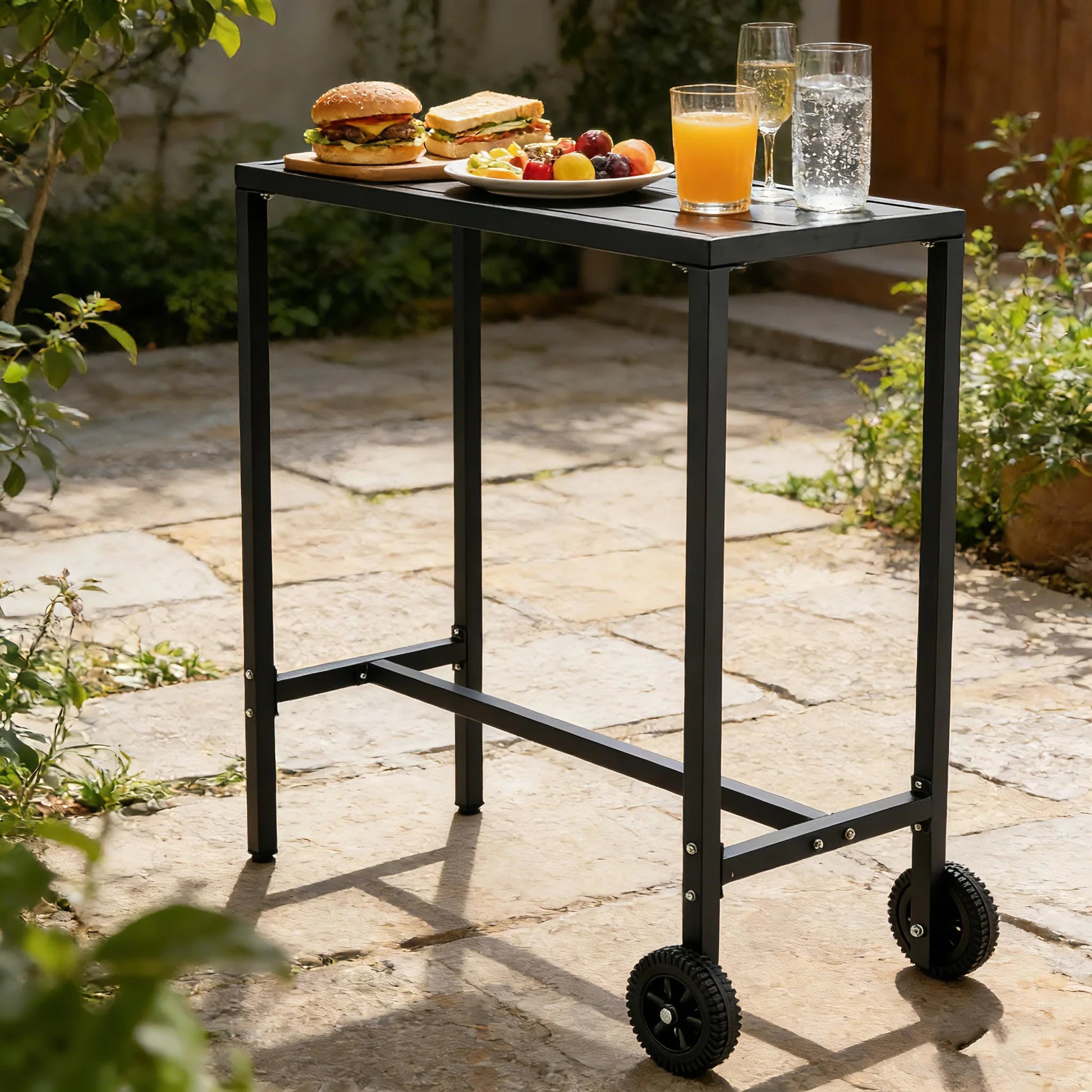 Garvee Bartisch 99 cm, Mit Rollen & Verstellbaren Füßen, Stahl, Wetterfest, Für Balkon & Patio, Schwarz