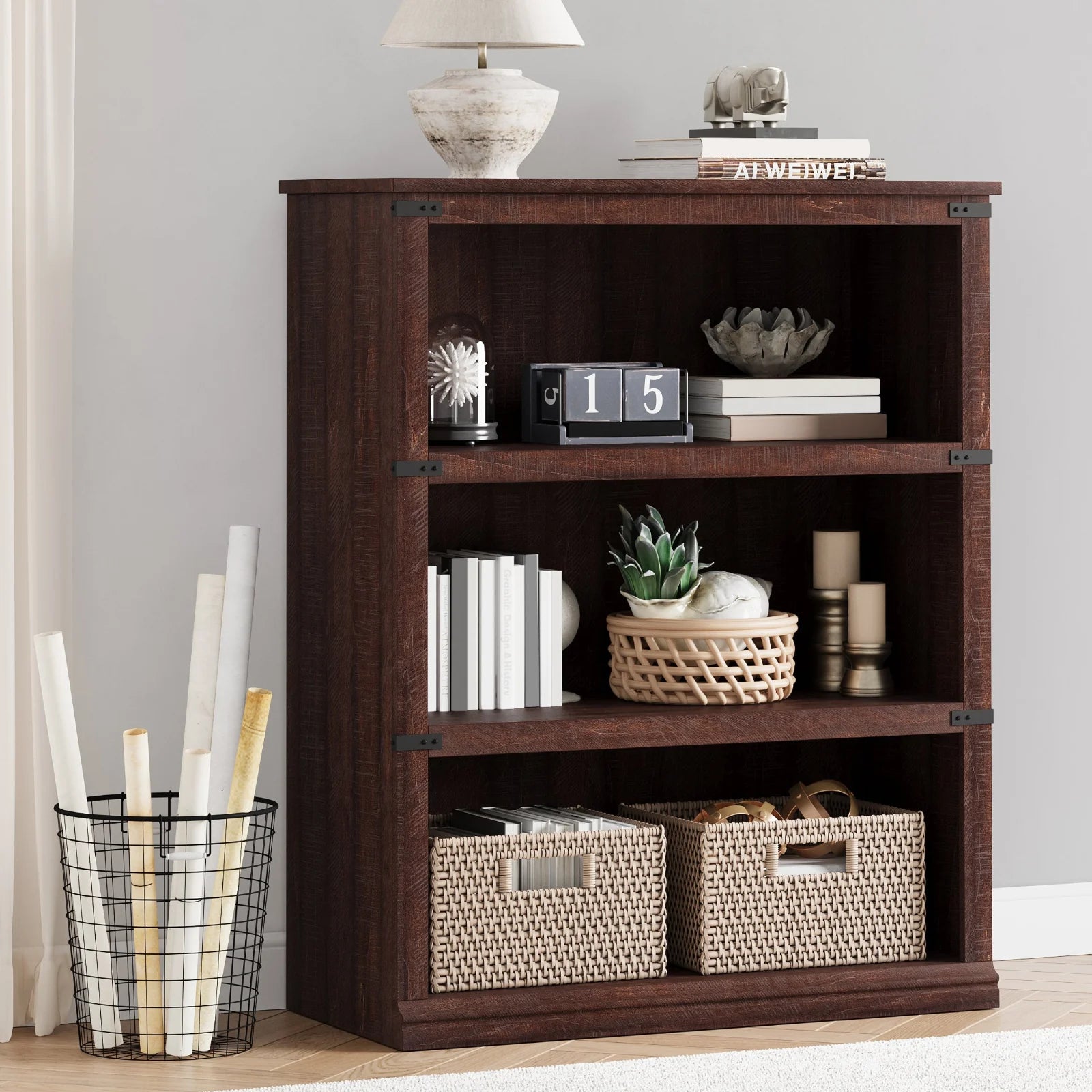 Garvee Bücherregal 4 Ebenen 80 x 32 x 102 cm, breites Standregal aus Holz mit 3 Regalbereichen, stabiles Aufbewahrungsregal im Industrie-Look, Rotbraun